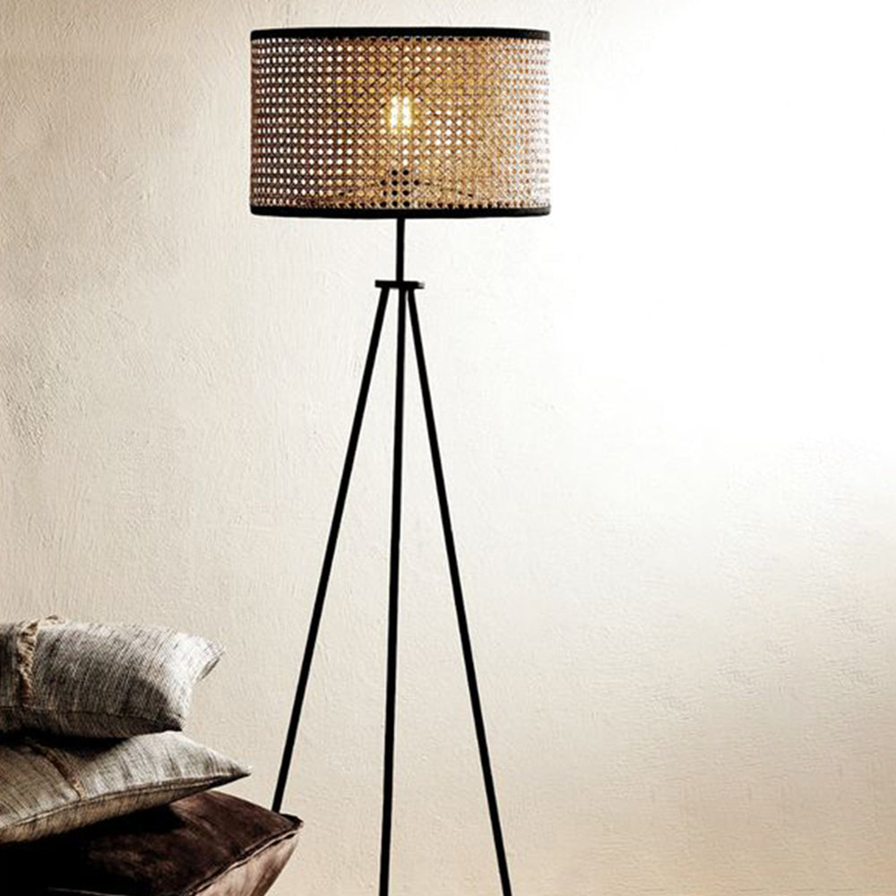 Ritta Lampadaire Trépied Moderne, Métal/Rotin, Bois, Salon