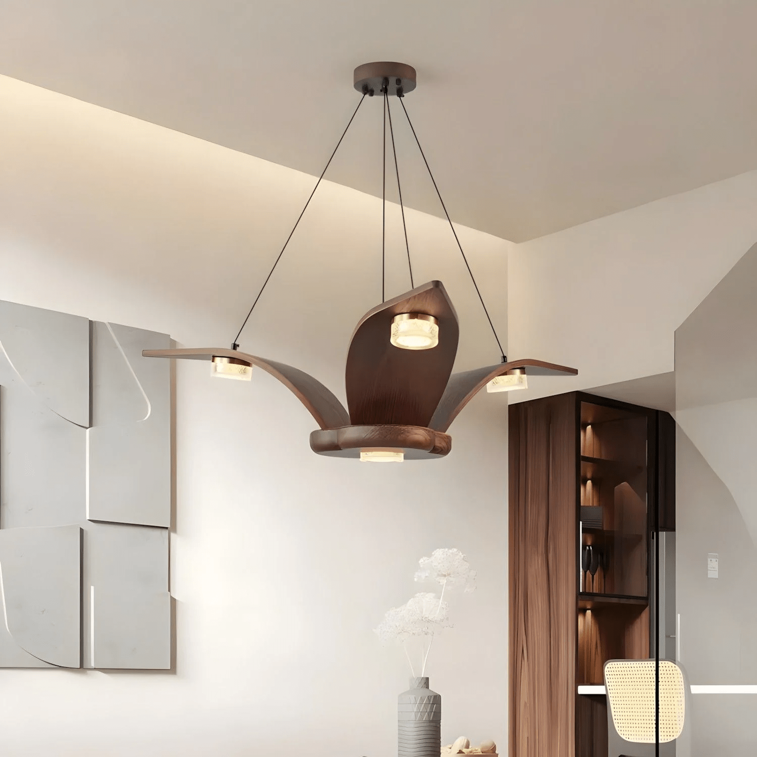 Lustra Lustre En Noyer Bois Cristal Sculptural