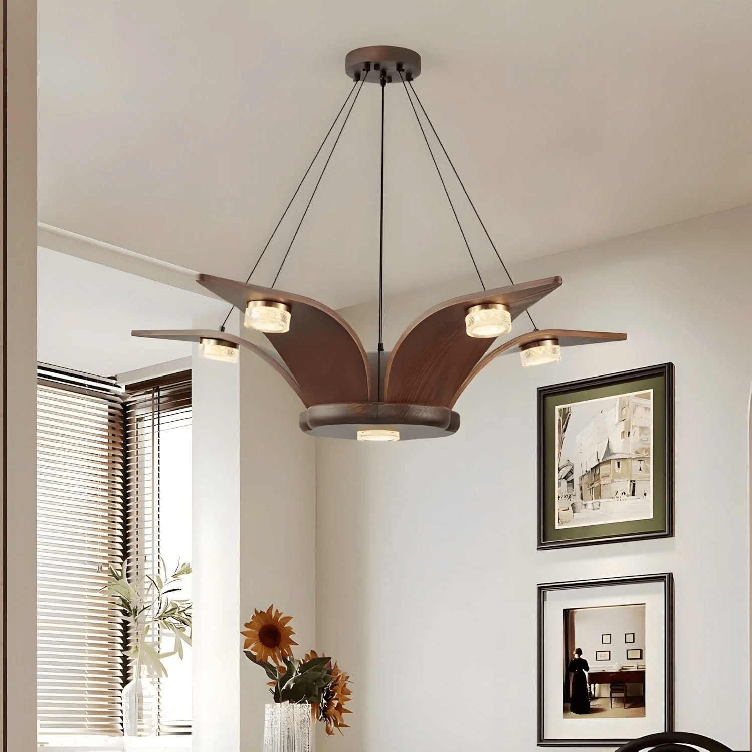 Lustra Lustre En Noyer Bois Cristal Sculptural