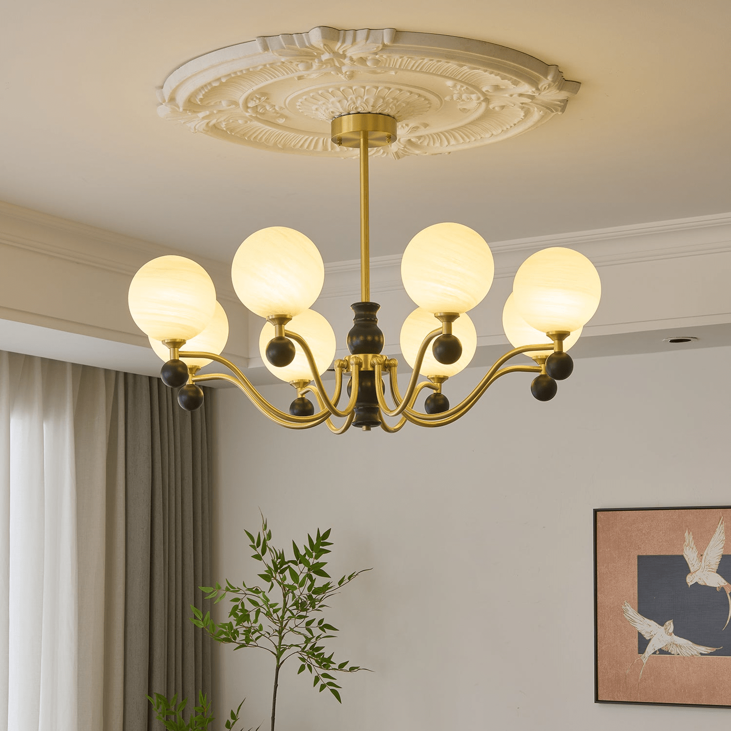 Ershaan Lustre Sphérique Vintage en Laiton et Bois