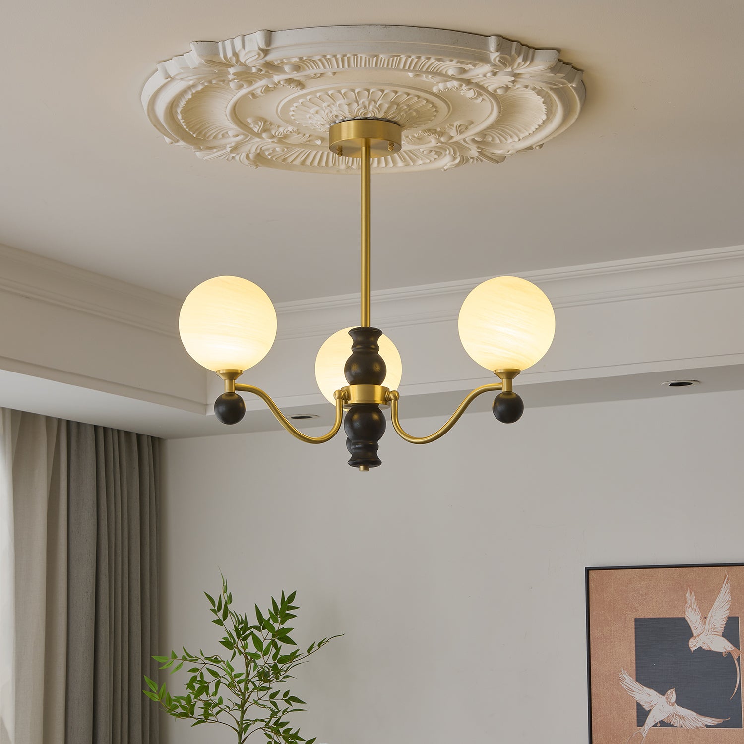 Ershaan Lustre Sphérique Vintage en Laiton et Bois