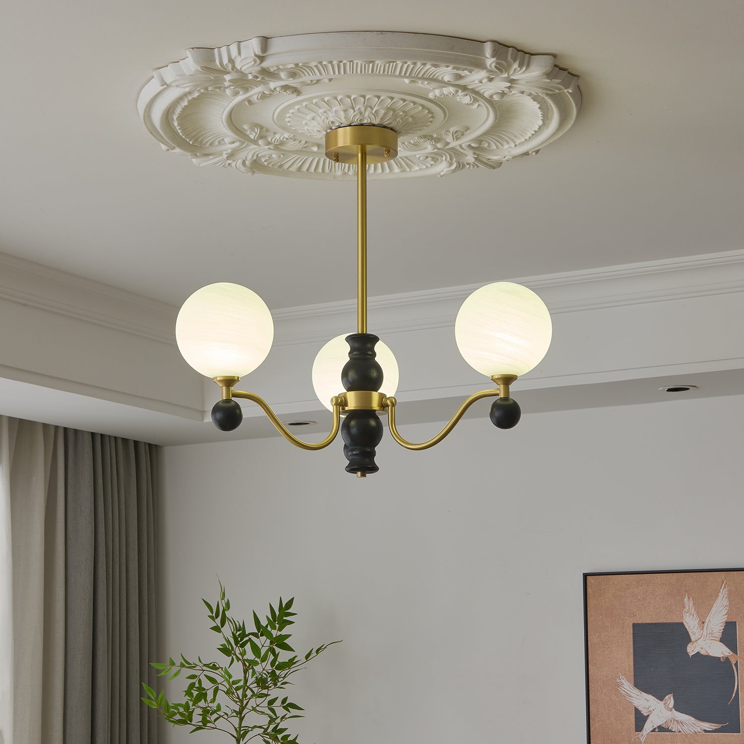 Ershaan Lustre Sphérique Vintage en Laiton et Bois