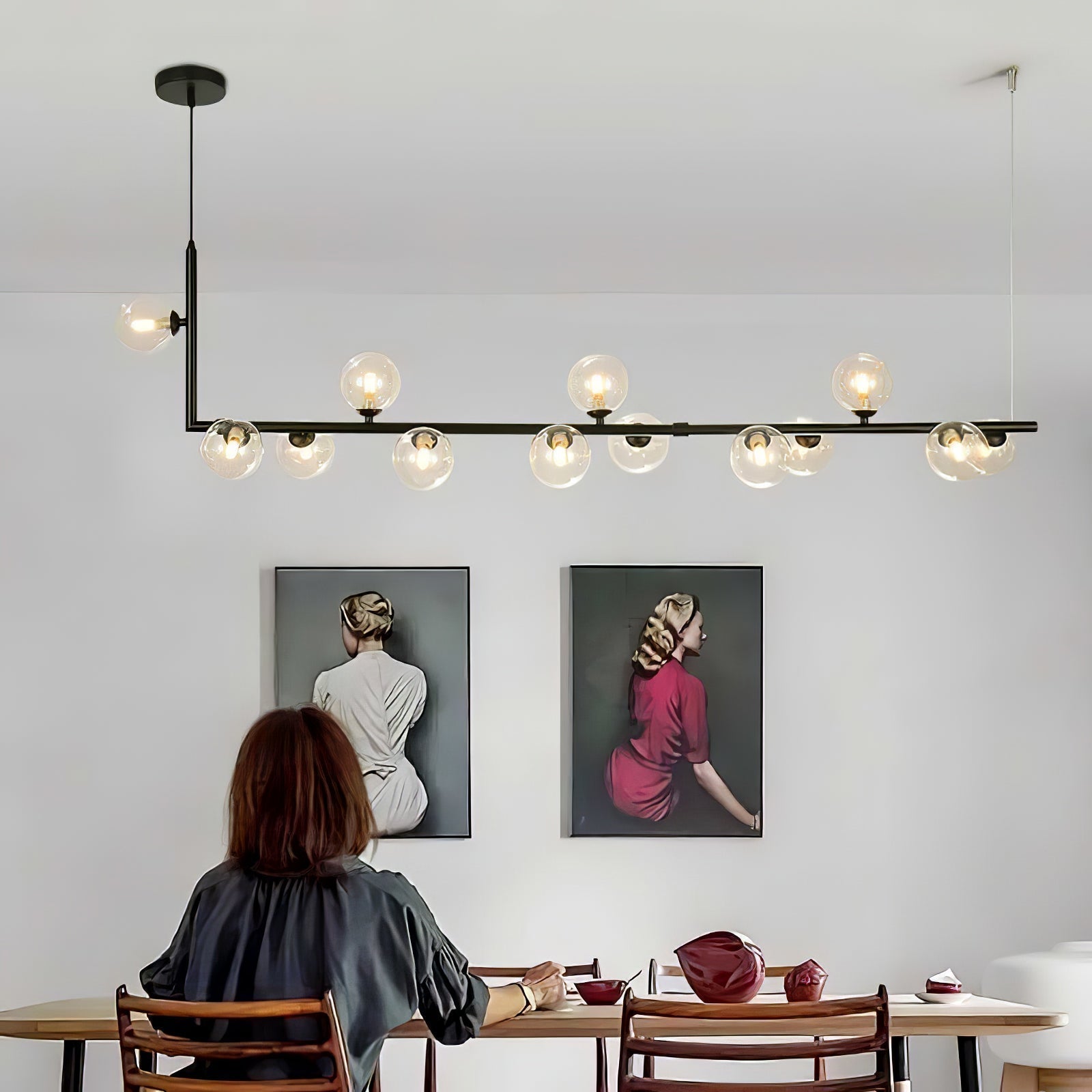 Lustra Lustre en Verre avec Structure en Acier Noir Linéaire