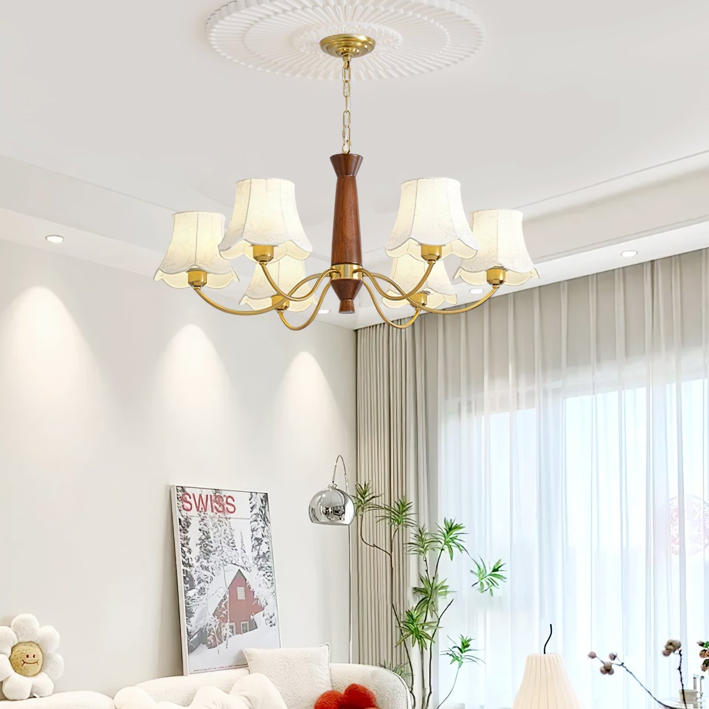Lustra Lustre Laiton Tissu Bras Courbés