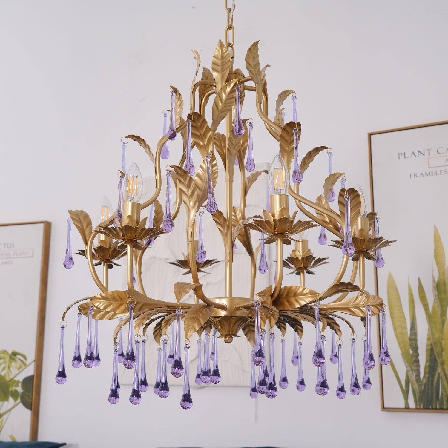 Lustra Suspension Lampe Gouttes et Feuilles Dorées