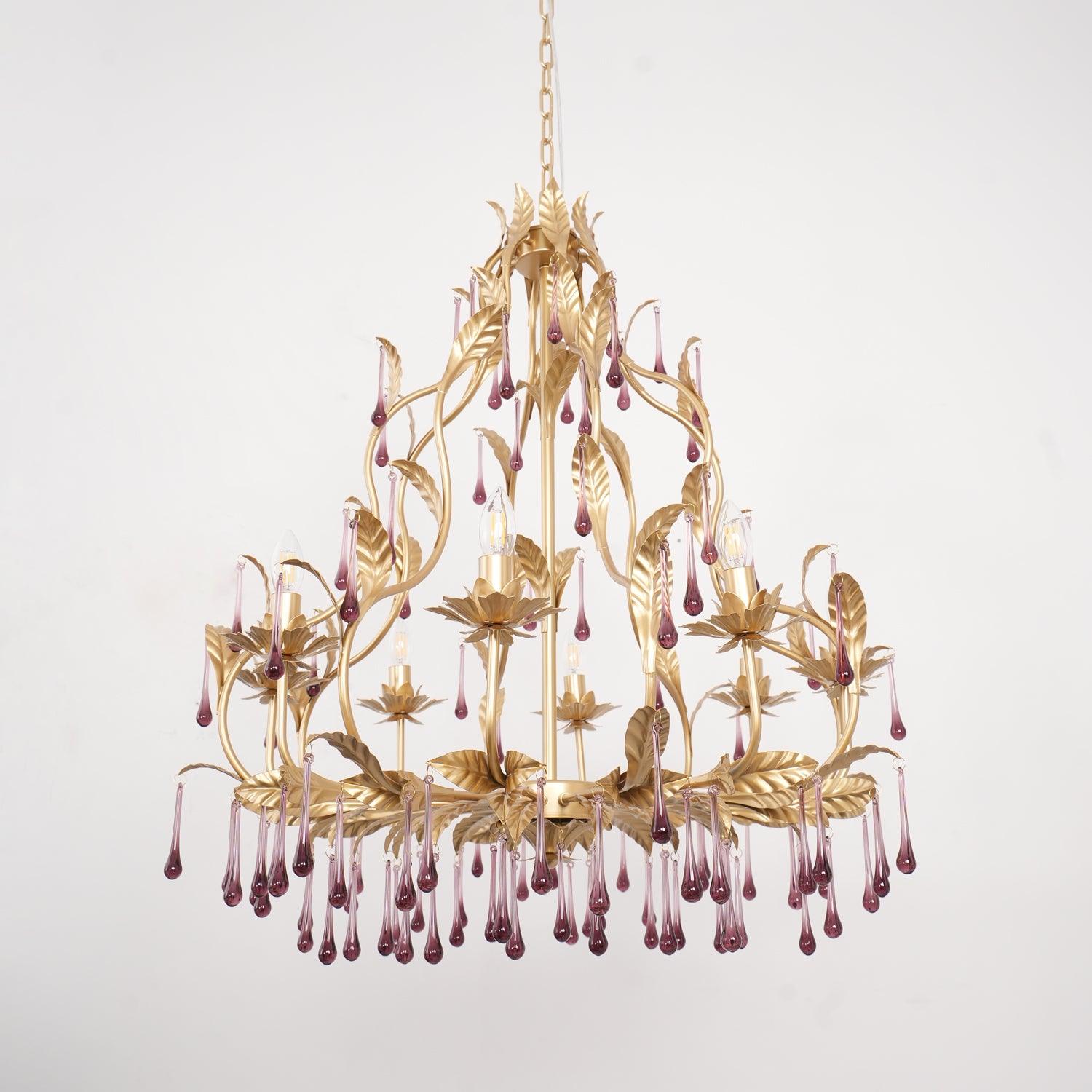 Lustra Suspension Lampe Gouttes et Feuilles Dorées