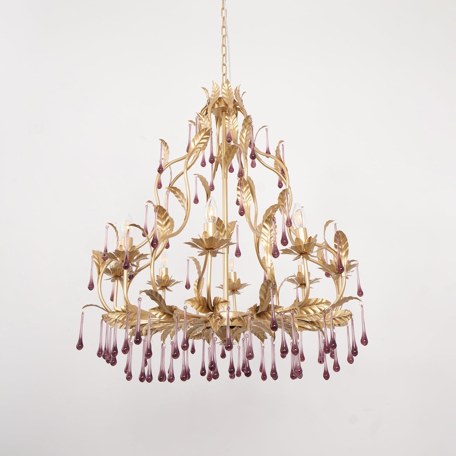 Lustra Suspension Lampe Gouttes et Feuilles Dorées