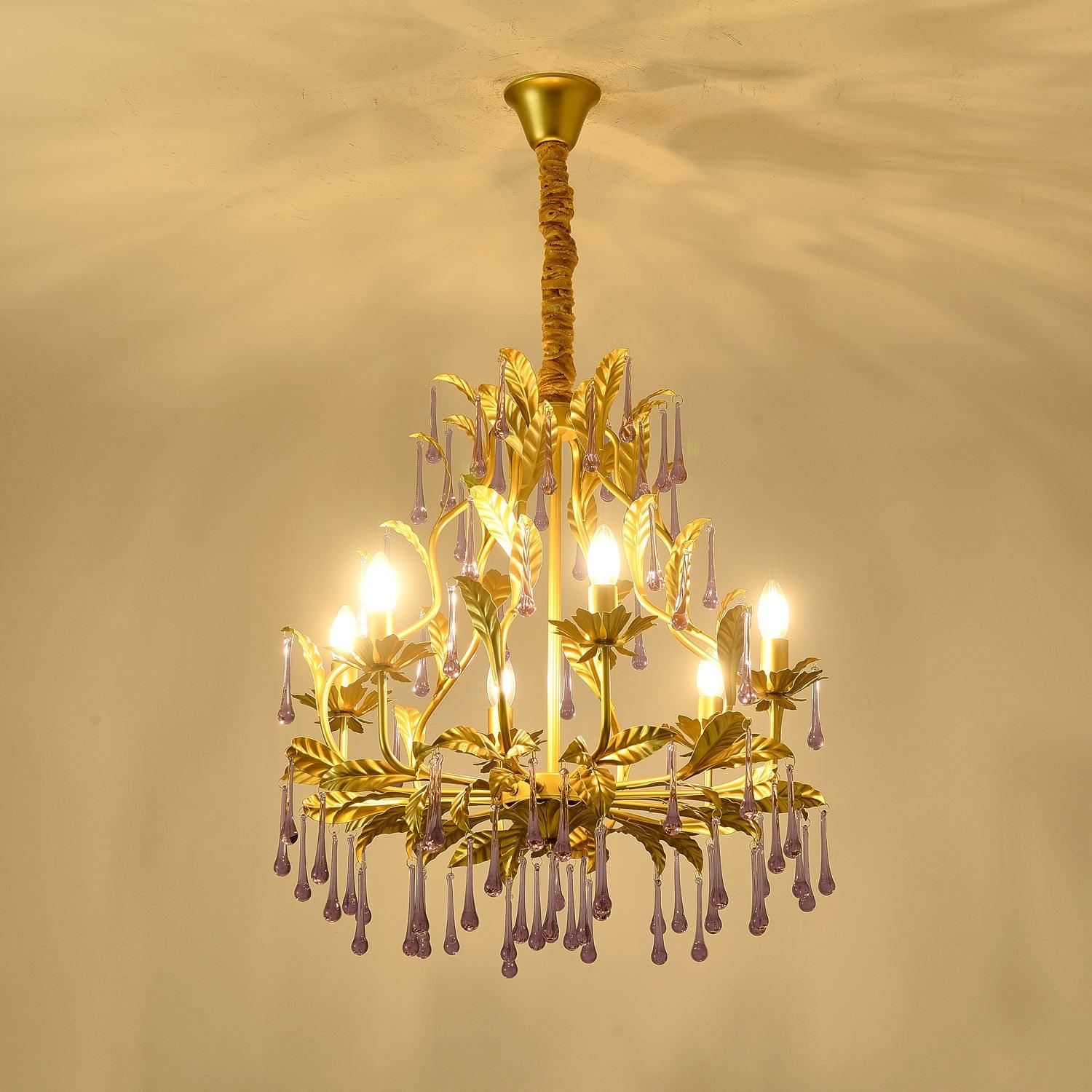 Lustra Suspension Lampe Gouttes et Feuilles Dorées