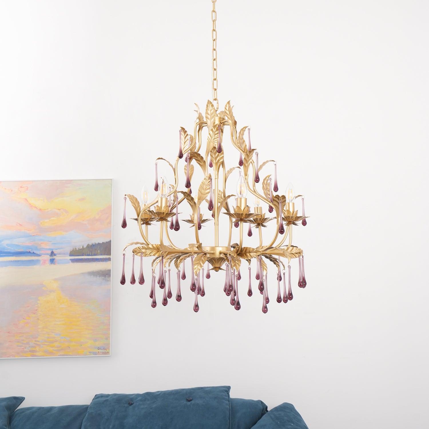 Lustra Lustre Murano Violet Feuilles Dorées Cristal Élégance
