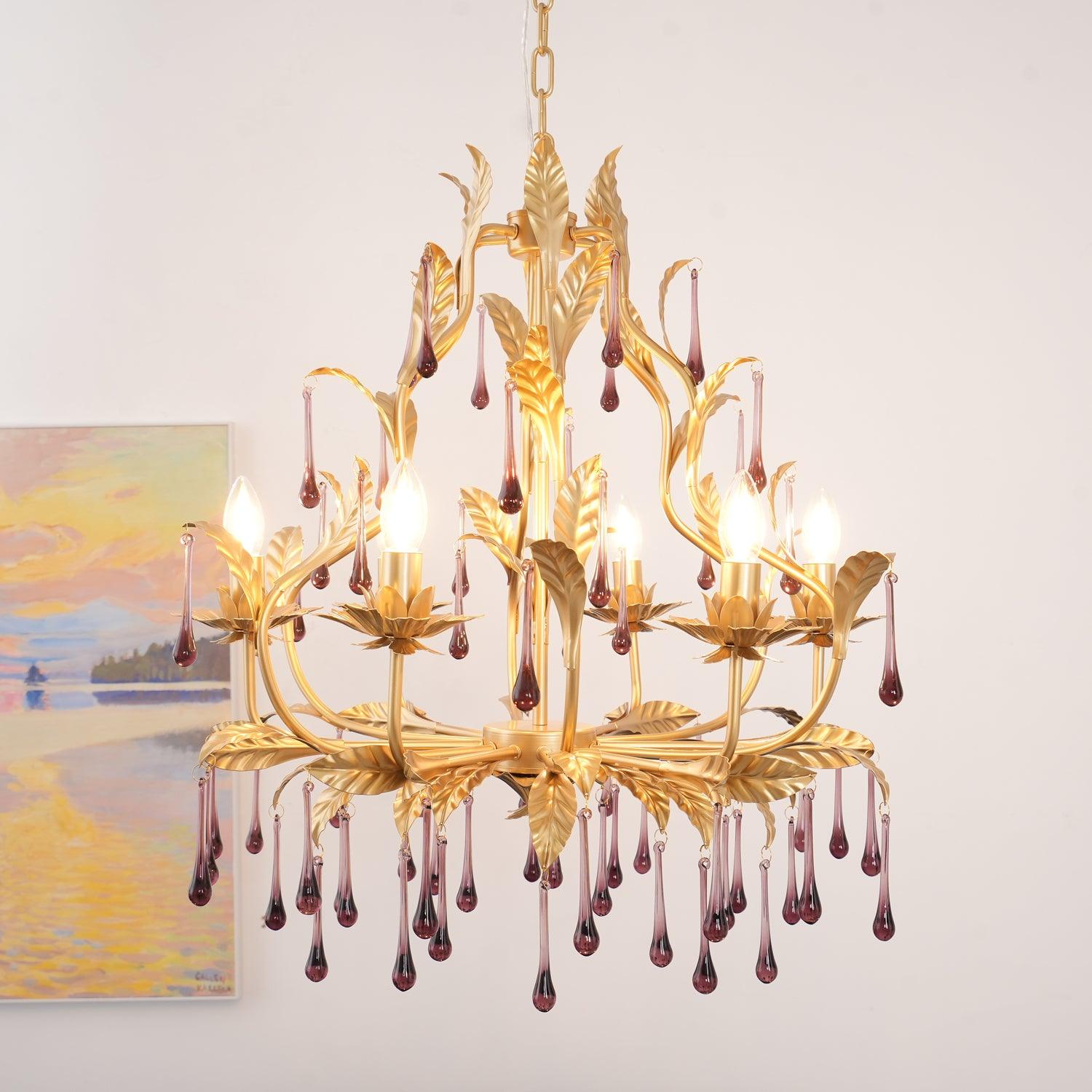 Lustra Lustre Murano Violet Feuilles Dorées Cristal Élégance