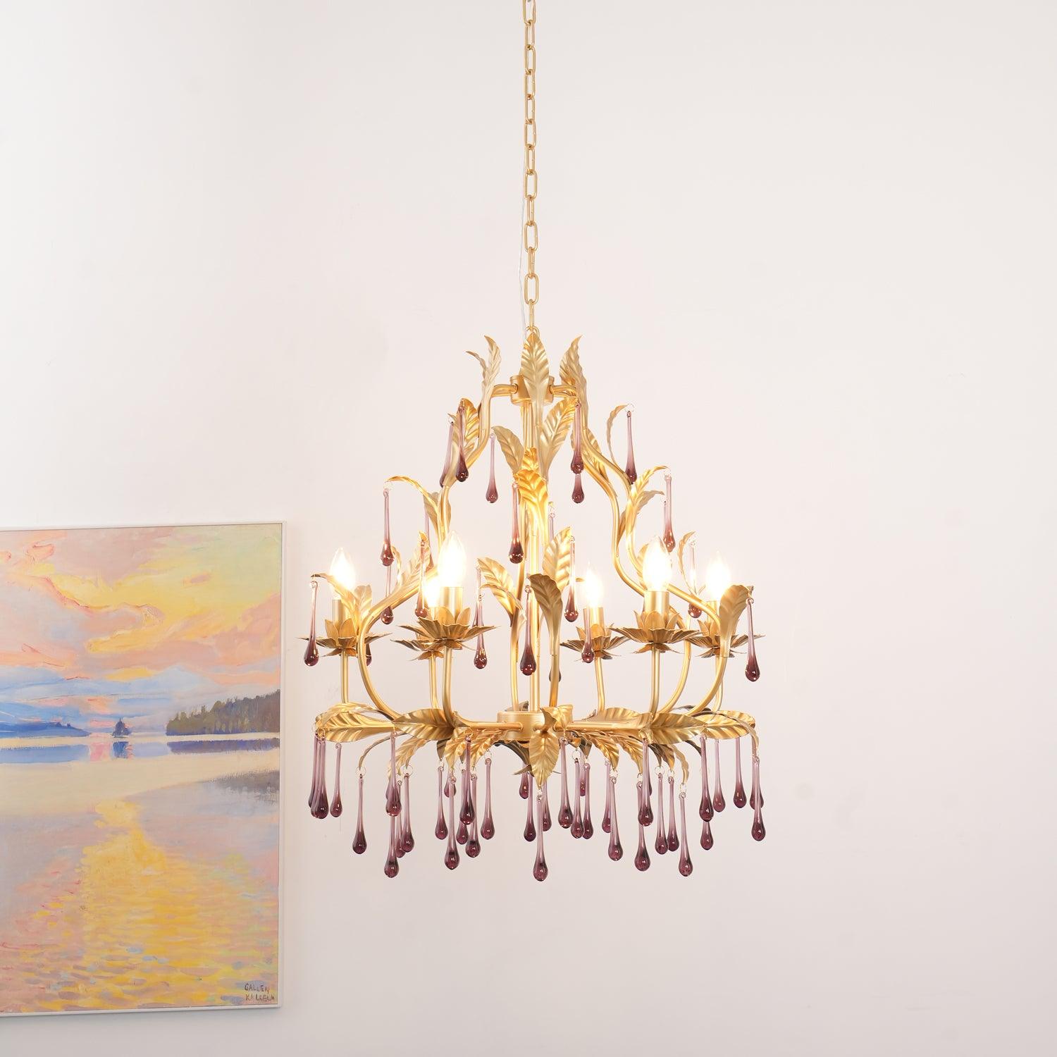Lustra Lustre Murano Violet Feuilles Dorées Cristal Élégance