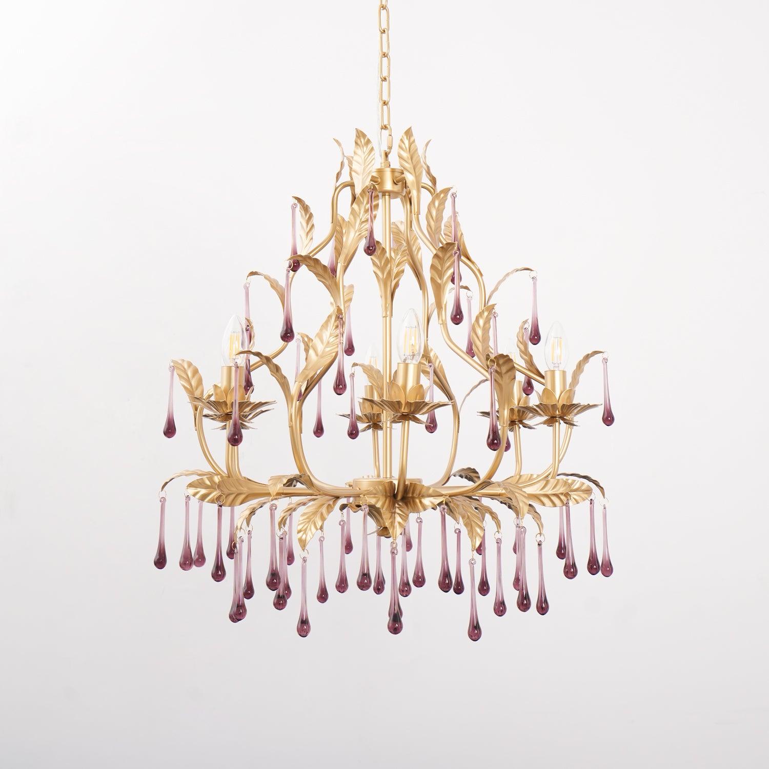 Lustra Suspension Lampe Gouttes et Feuilles Dorées