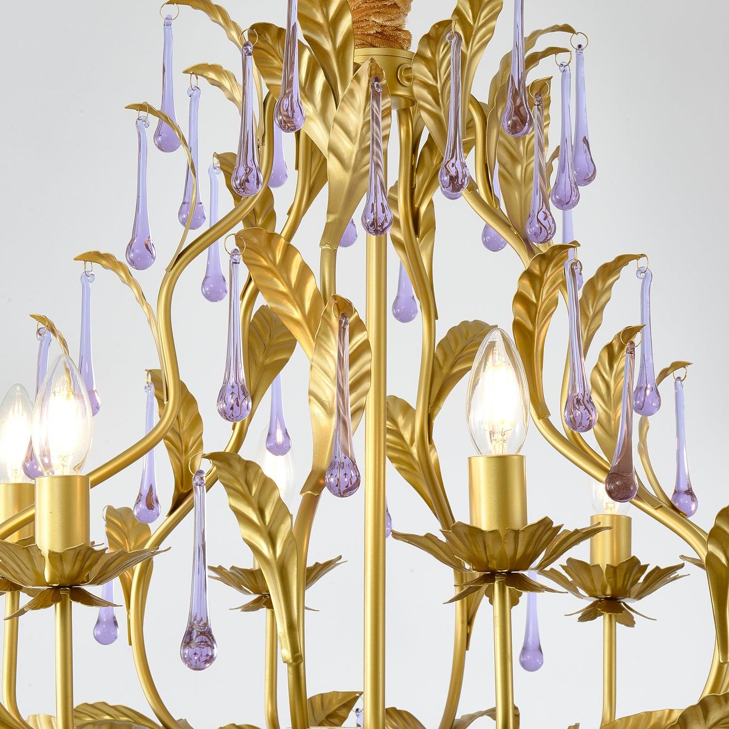 Lustra Suspension Lampe Gouttes et Feuilles Dorées