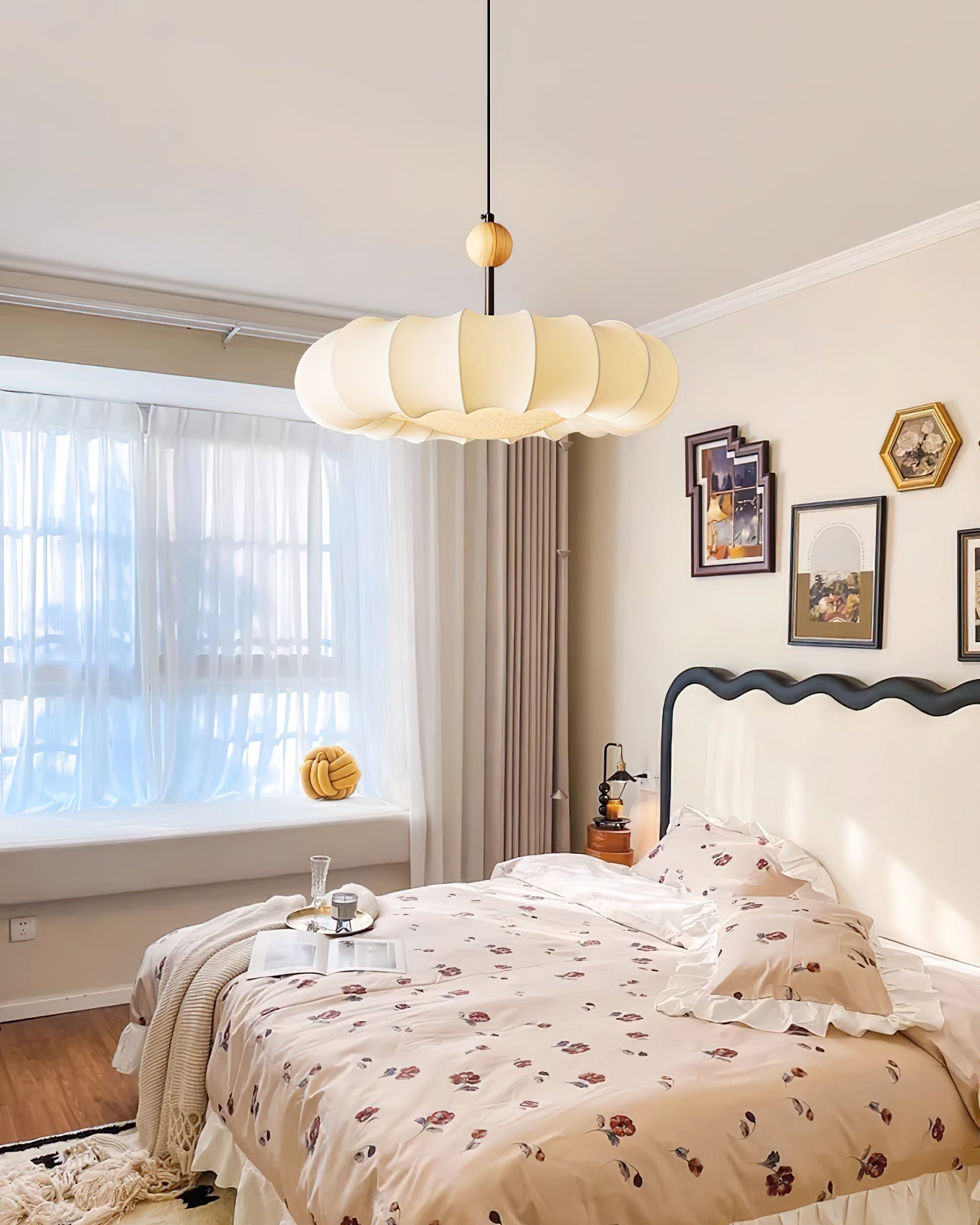 Virelli Suspension Abat-jour en Tissu Pétale Perle en Bois Wabi-Sabi Organique Cozy