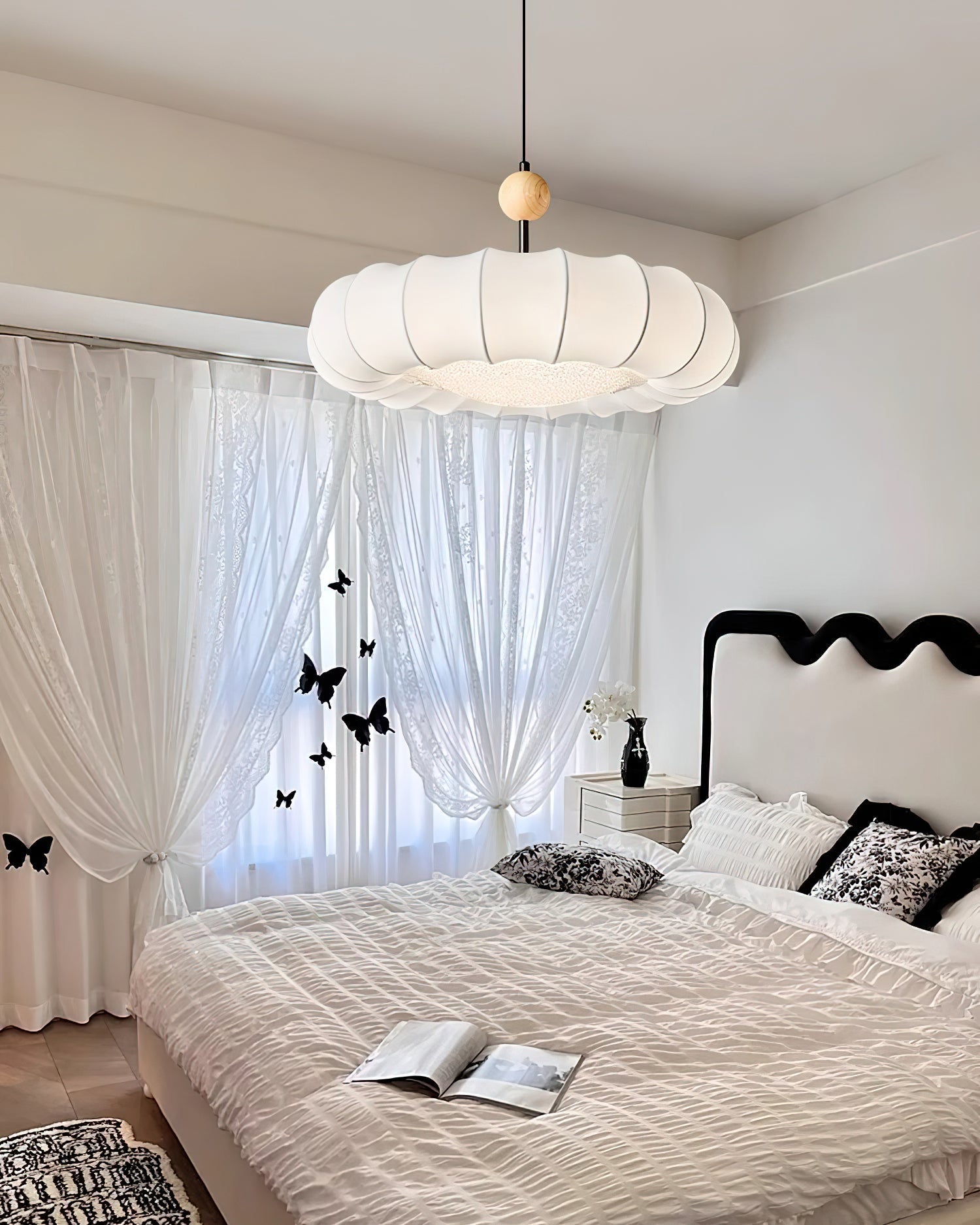 Virelli Suspension Abat-jour en Tissu Pétale Perle en Bois Wabi-Sabi Organique Cozy