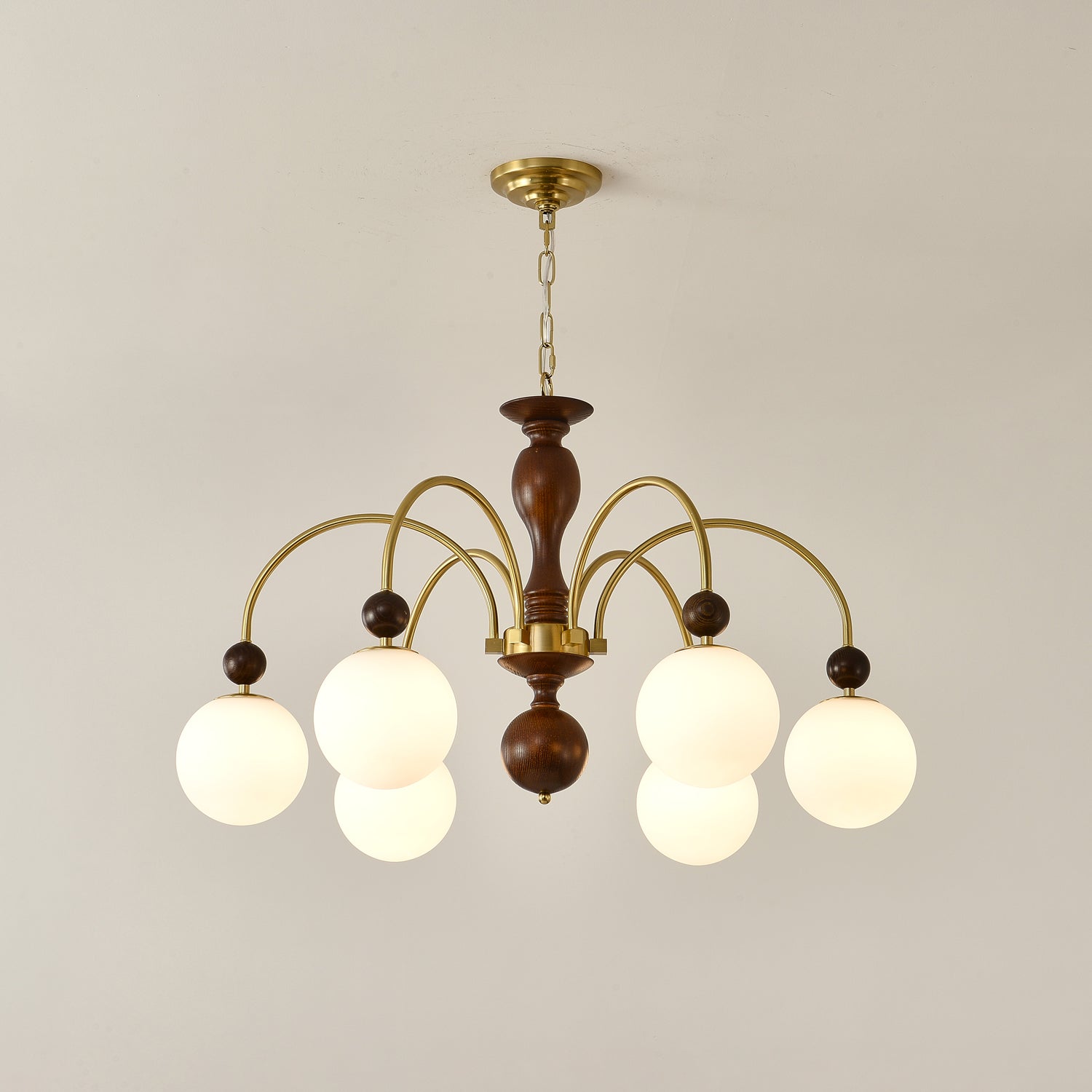 Lustra Suspension Lampe Globe en Noyer et Laiton Vintage
