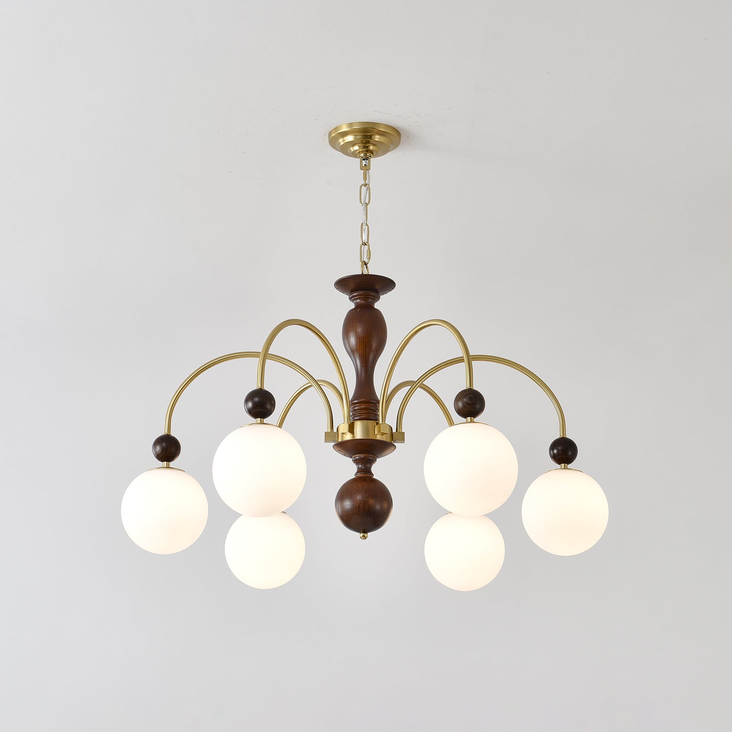 Lustra Suspension Lampe Globe en Noyer et Laiton Vintage