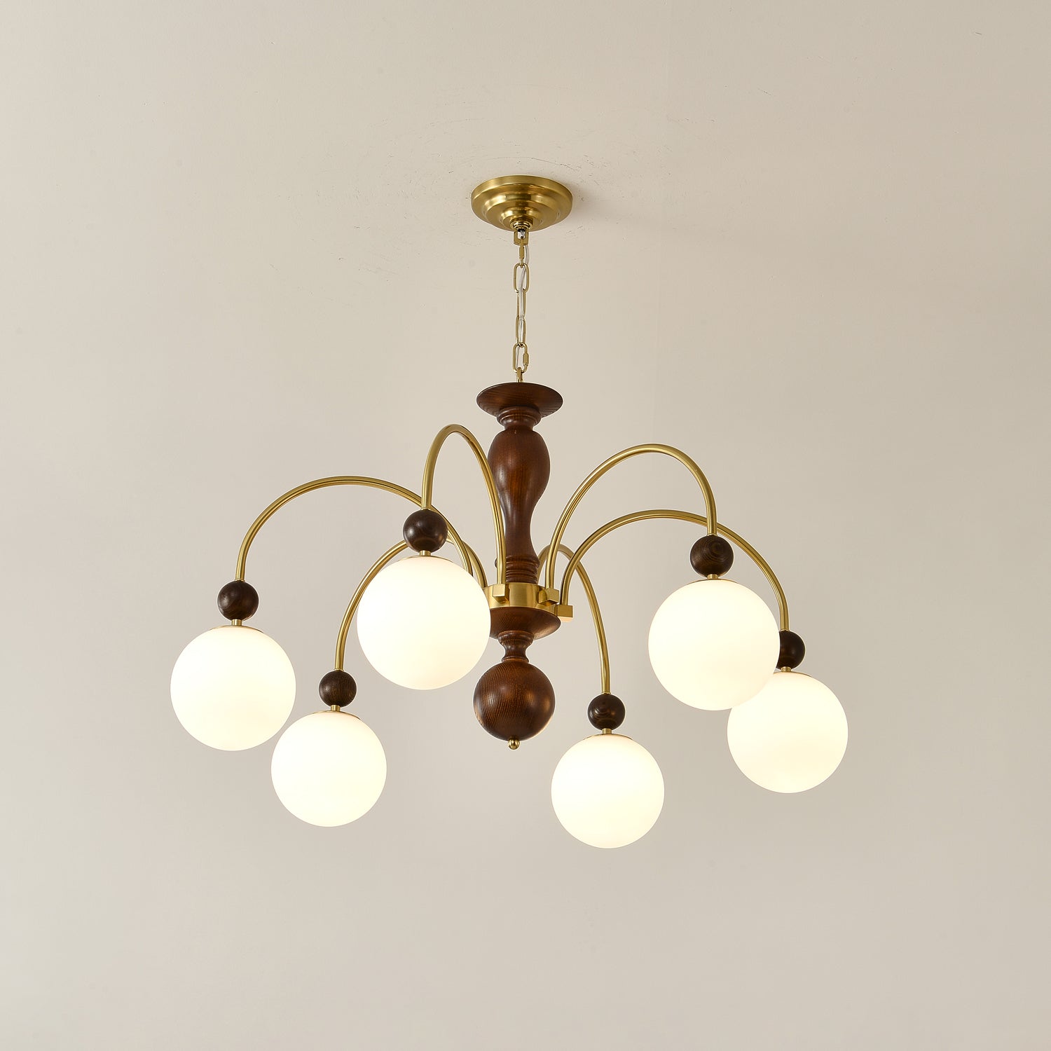 Lustra Suspension Lampe Globe en Noyer et Laiton Vintage