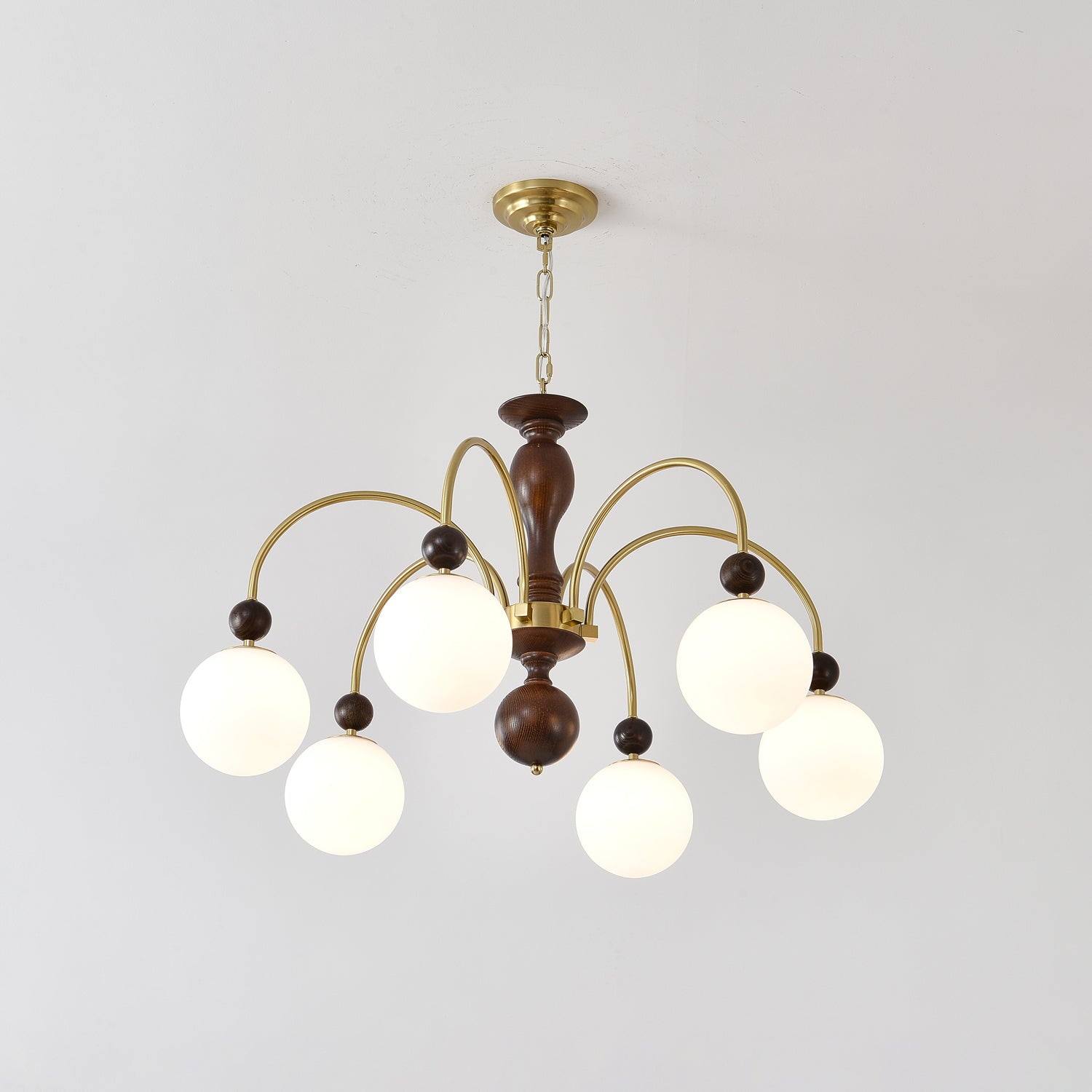 Lustra Suspension Lampe Globe en Noyer et Laiton Vintage