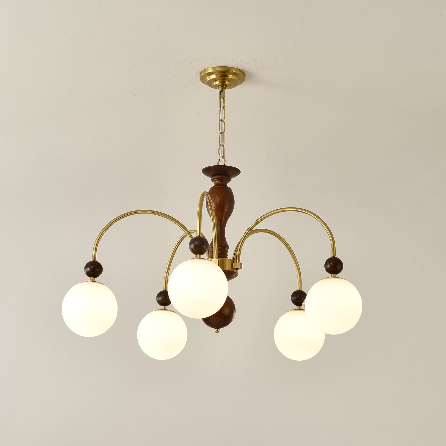 Lustra Suspension Lampe Globe en Noyer et Laiton Vintage