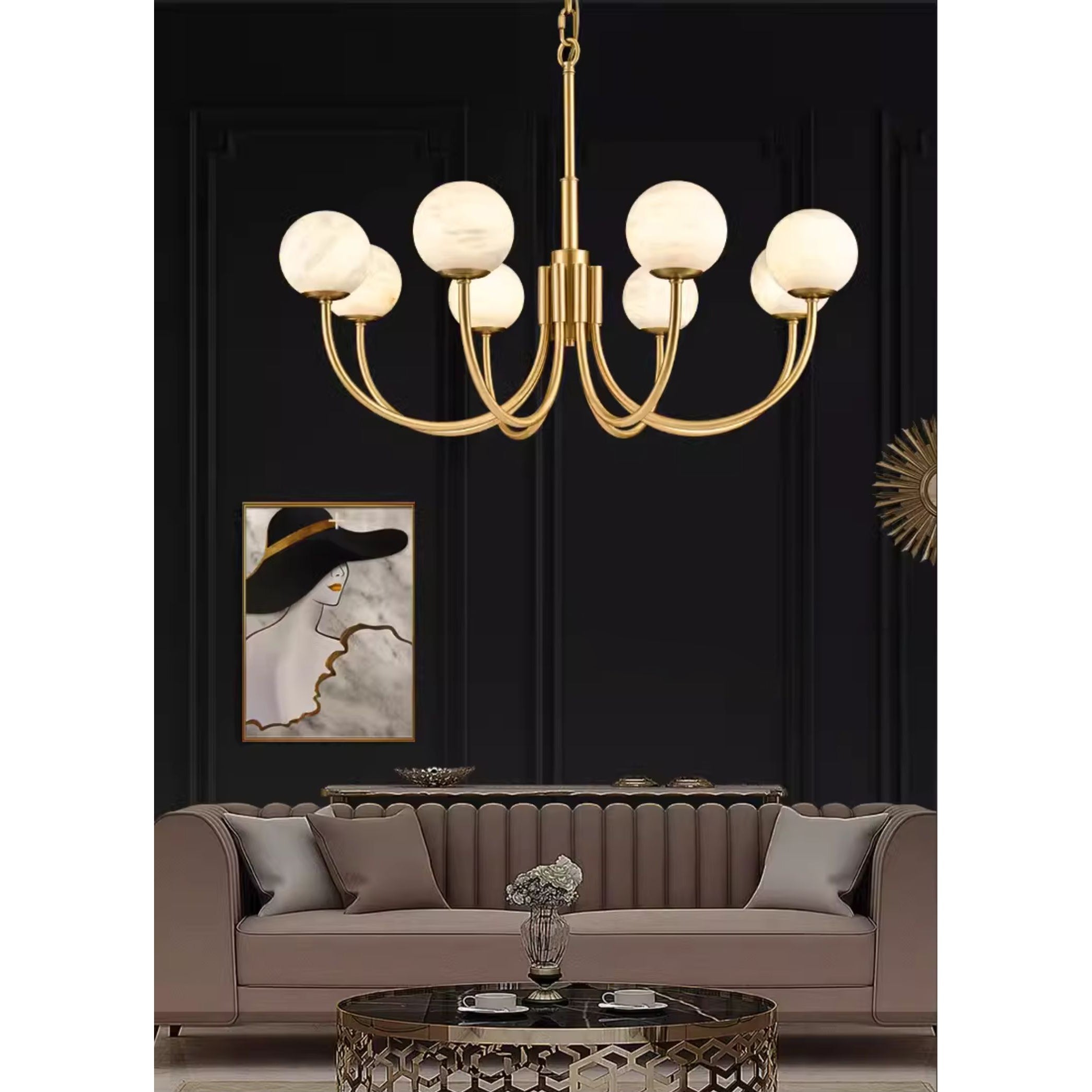 Mjolkuvys Moderne Minimaliste Globe Laiton Albâtre Lustre