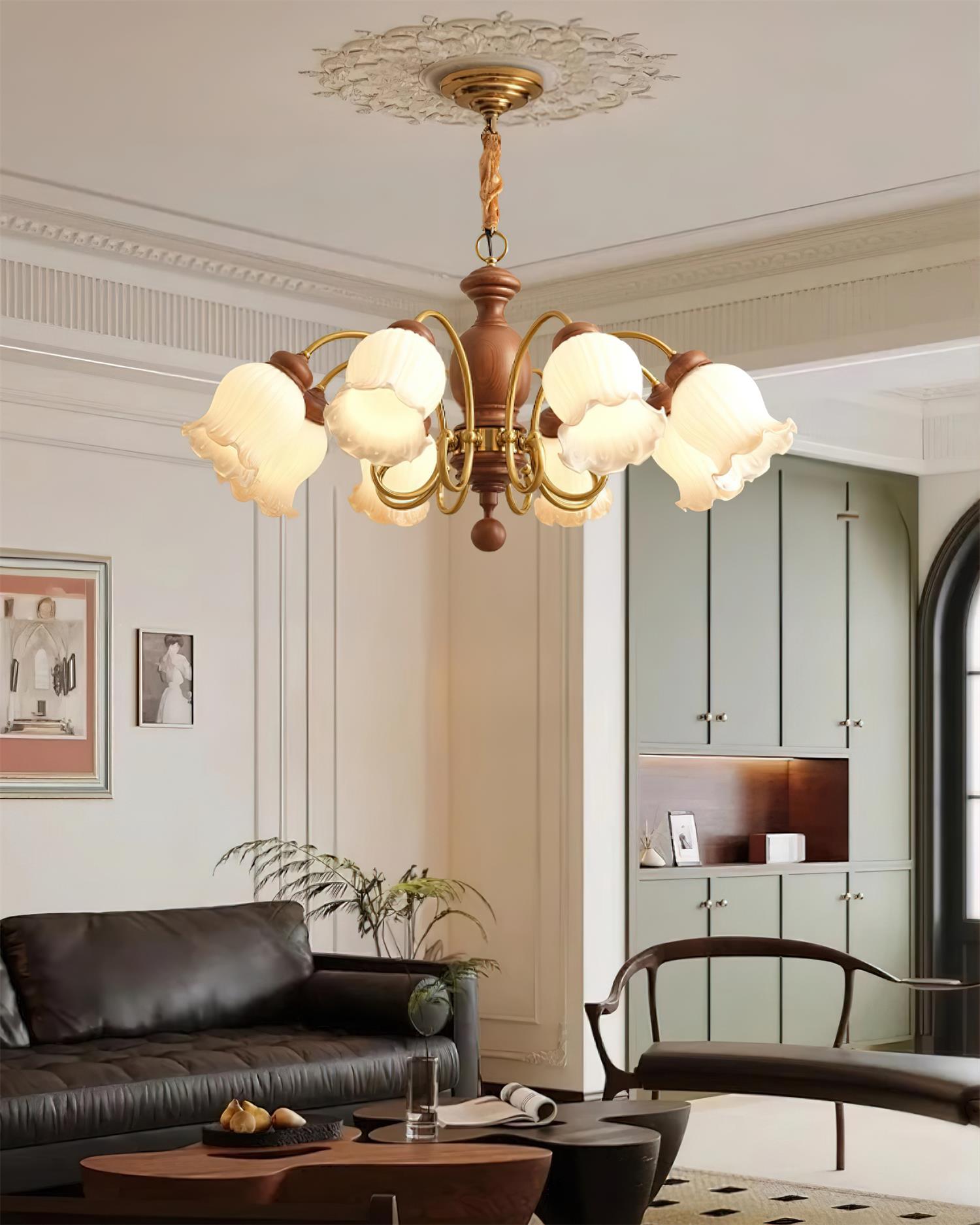 Lustre Abat-jours en Verre Tulipe Cadre en Bois de Noyer Style Rustique