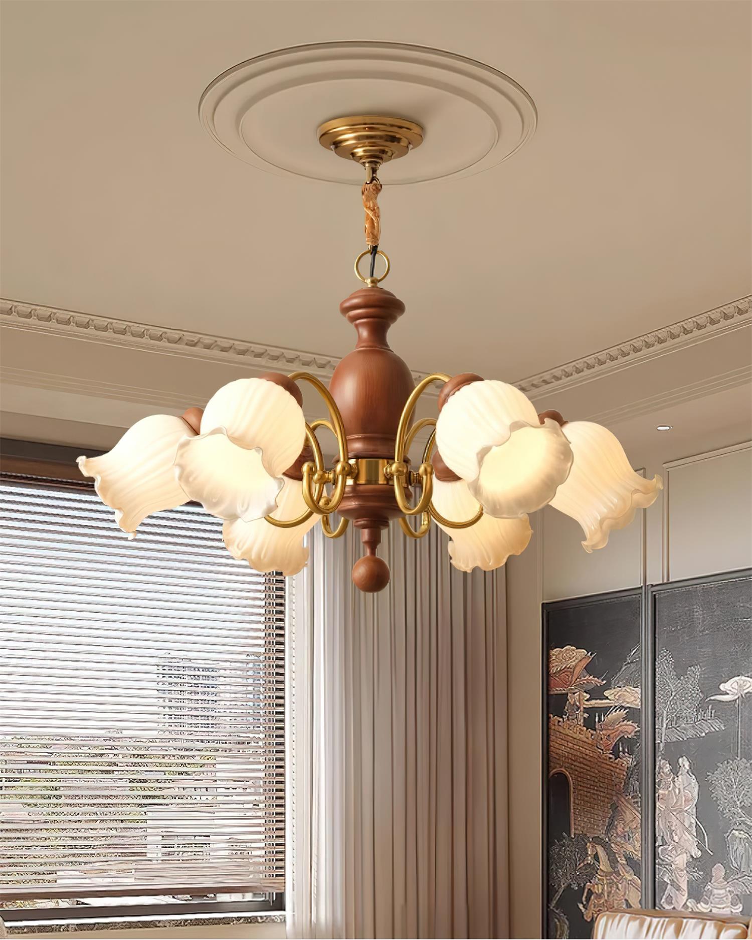 Lustre Abat-jours en Verre Tulipe Cadre en Bois de Noyer Style Rustique