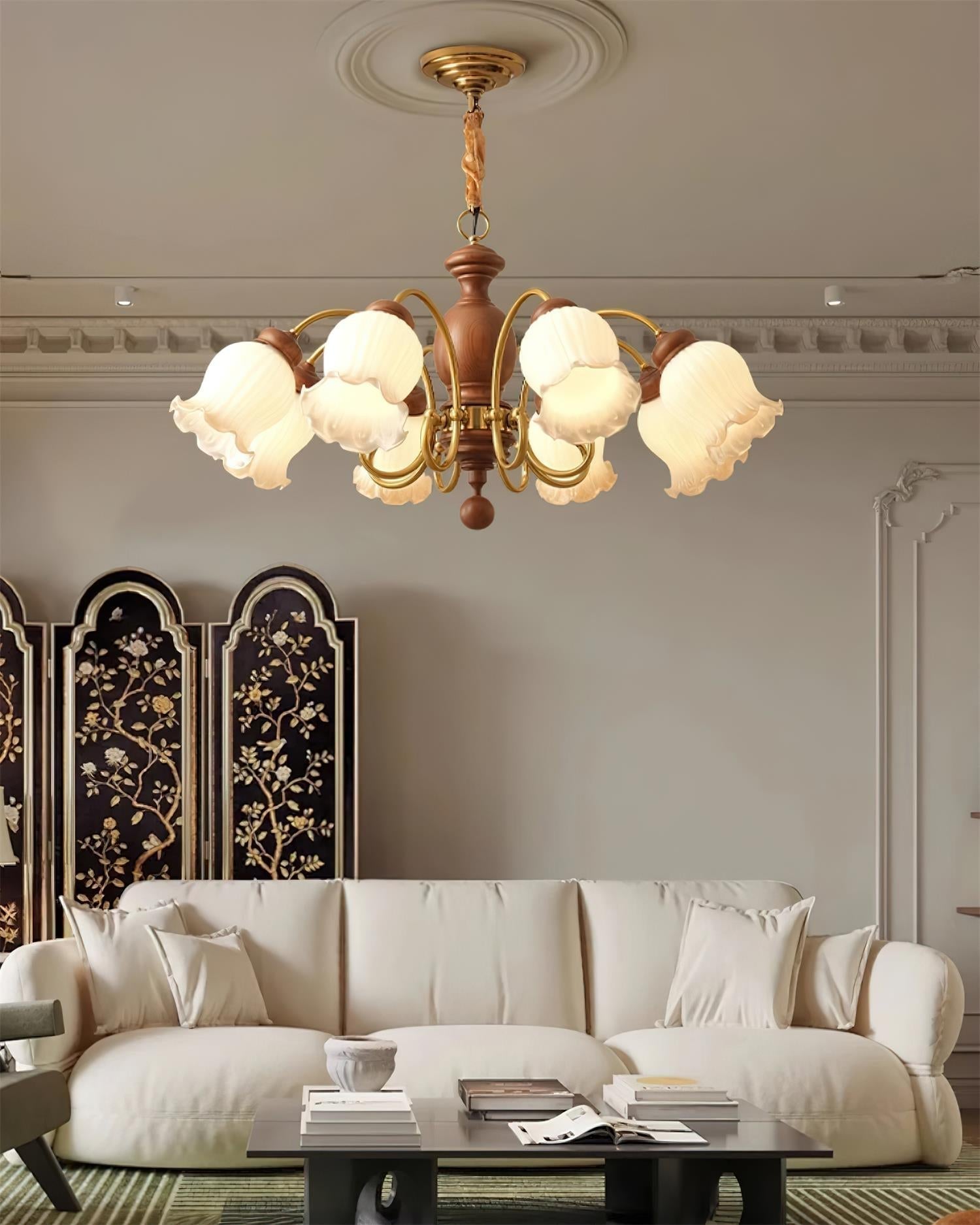 Lustre Abat-jours en Verre Tulipe Cadre en Bois de Noyer Style Rustique