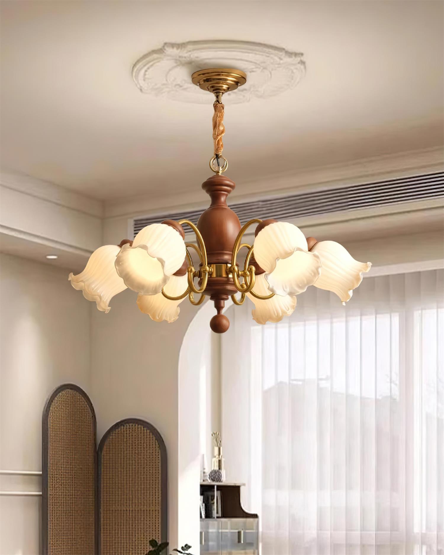 Lustre Abat-jours en Verre Tulipe Cadre en Bois de Noyer Style Rustique