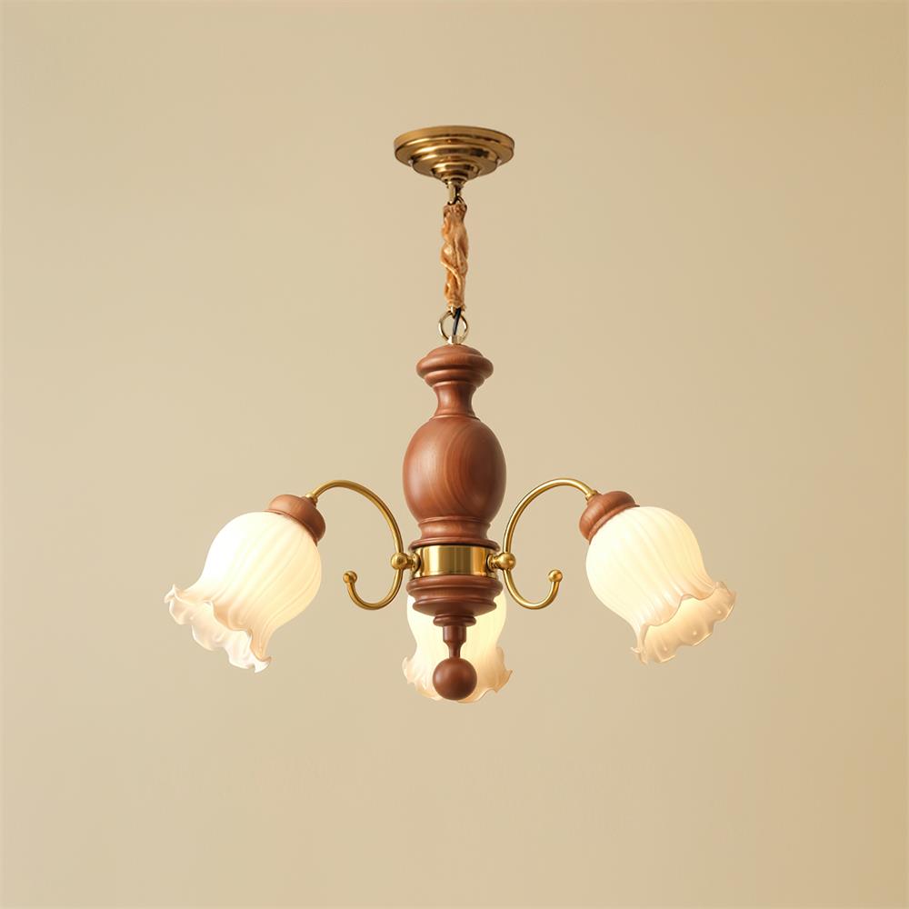 Lustre Abat-jours en Verre Tulipe Cadre en Bois de Noyer Style Rustique