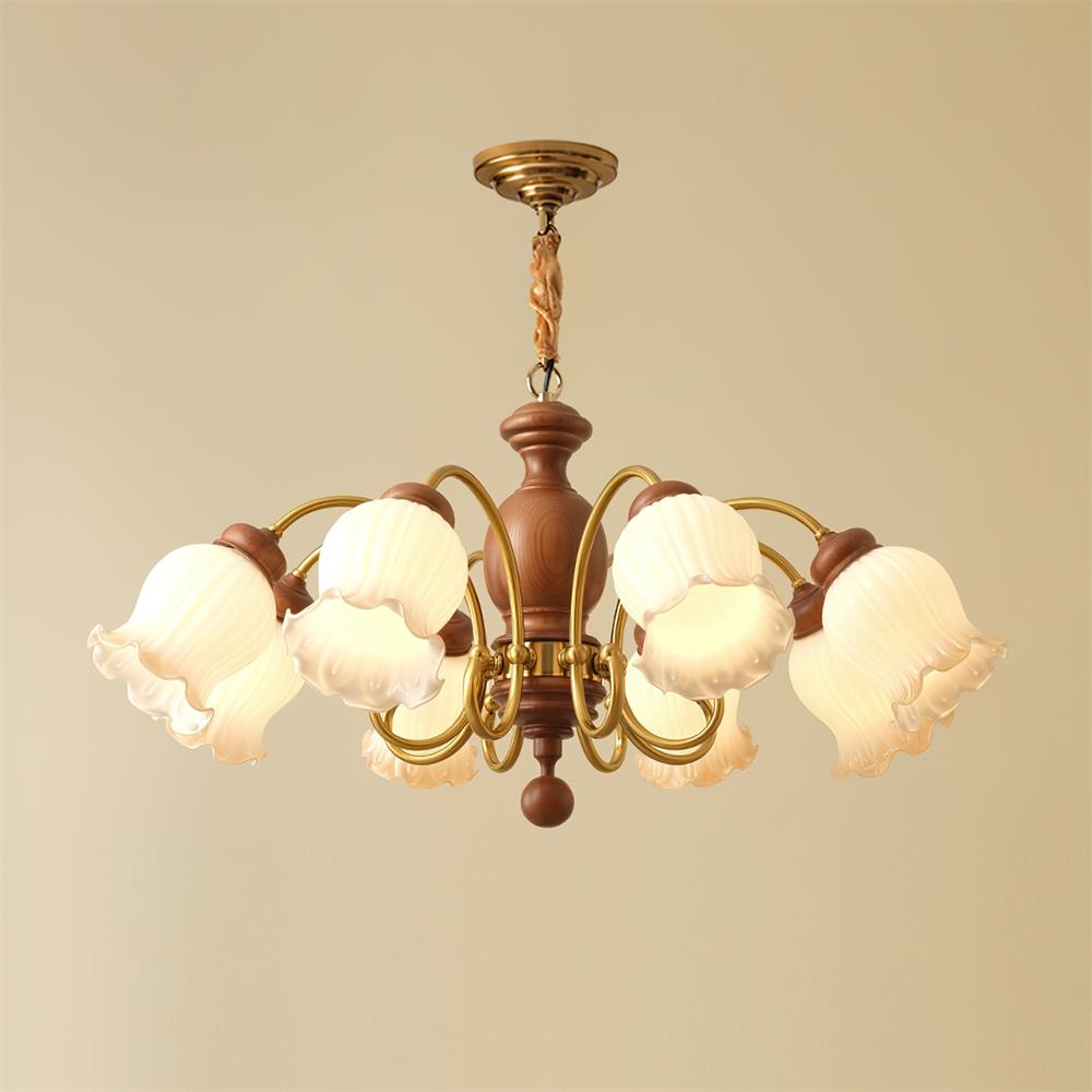Lustre Abat-jours en Verre Tulipe Cadre en Bois de Noyer Style Rustique