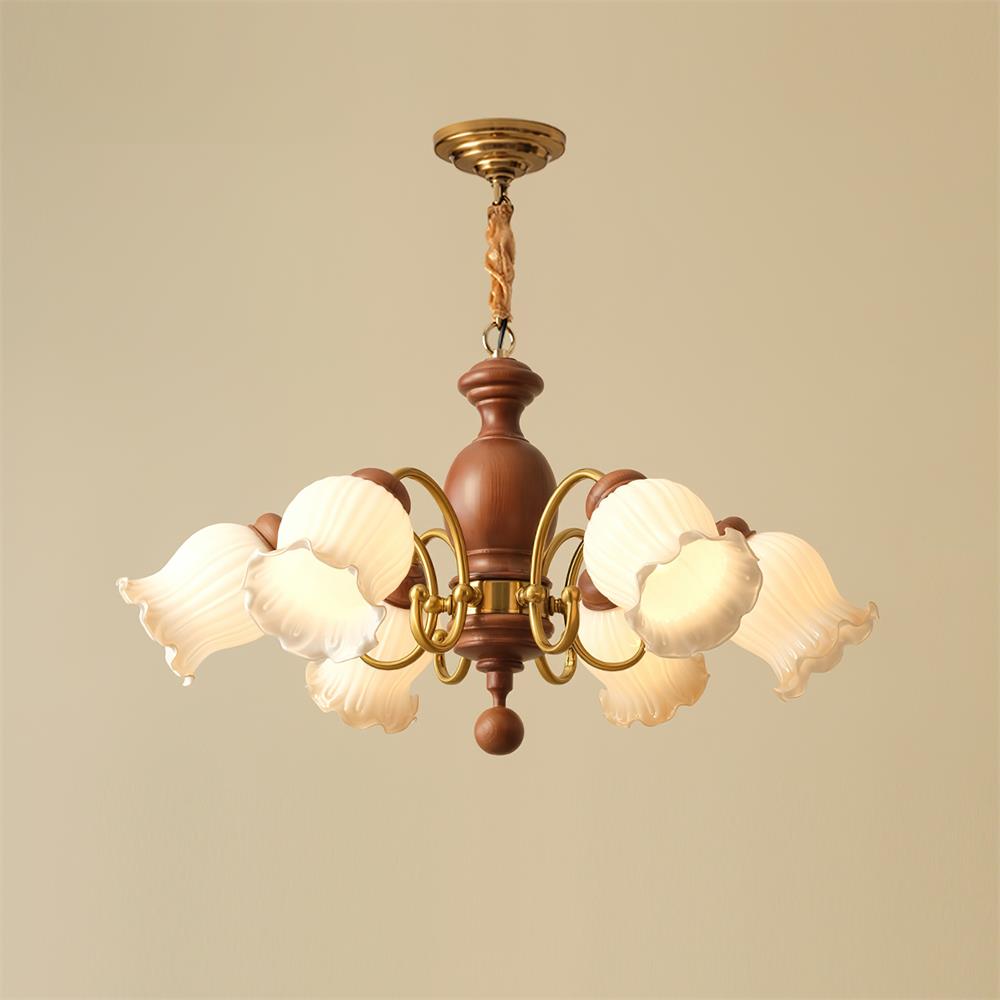 Lustre Abat-jours en Verre Tulipe Cadre en Bois de Noyer Style Rustique