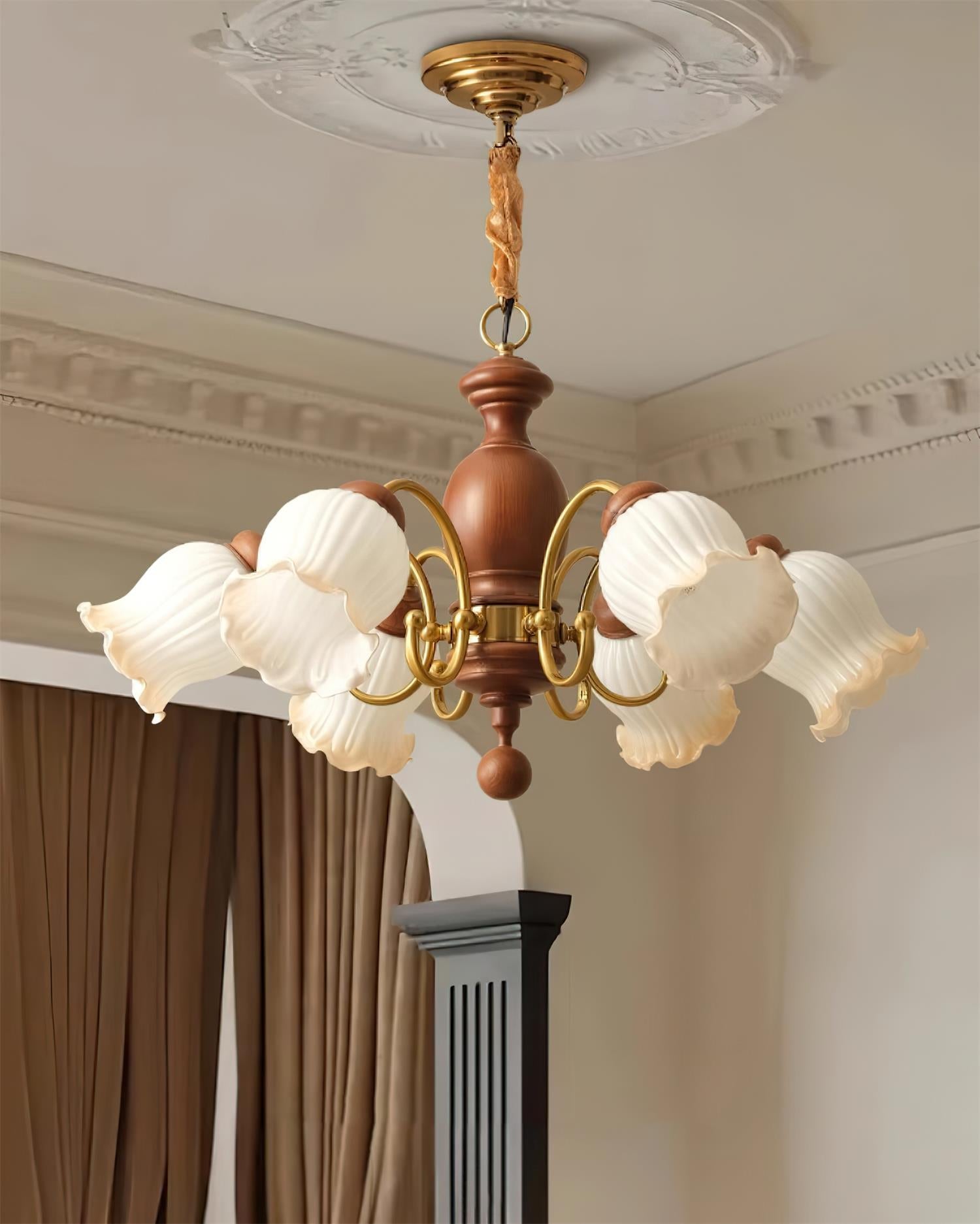 Lustre Abat-jours en Verre Tulipe Cadre en Bois de Noyer Style Rustique