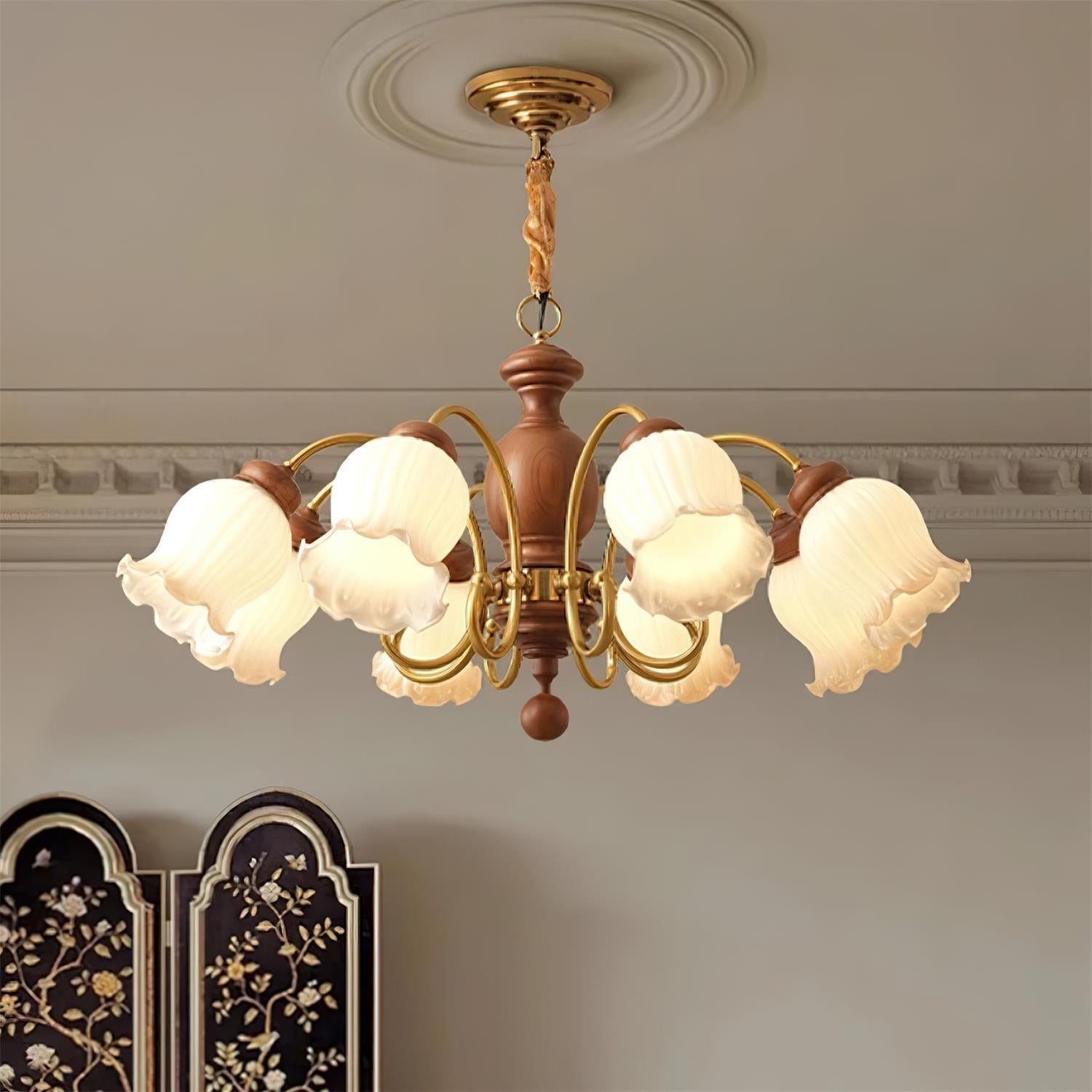 Lustre Abat-jours en Verre Tulipe Cadre en Bois de Noyer Style Rustique