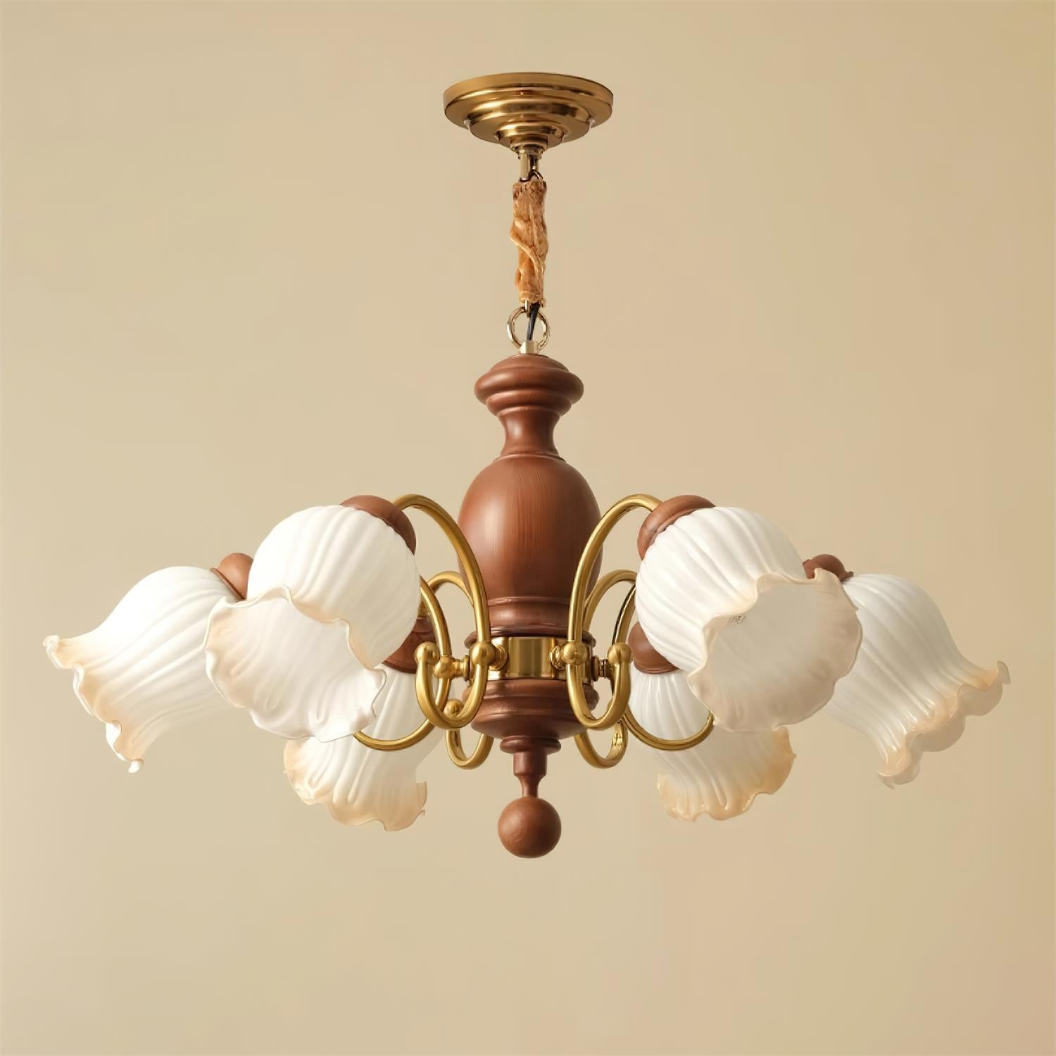 Lustre Abat-jours en Verre Tulipe Cadre en Bois de Noyer Style Rustique