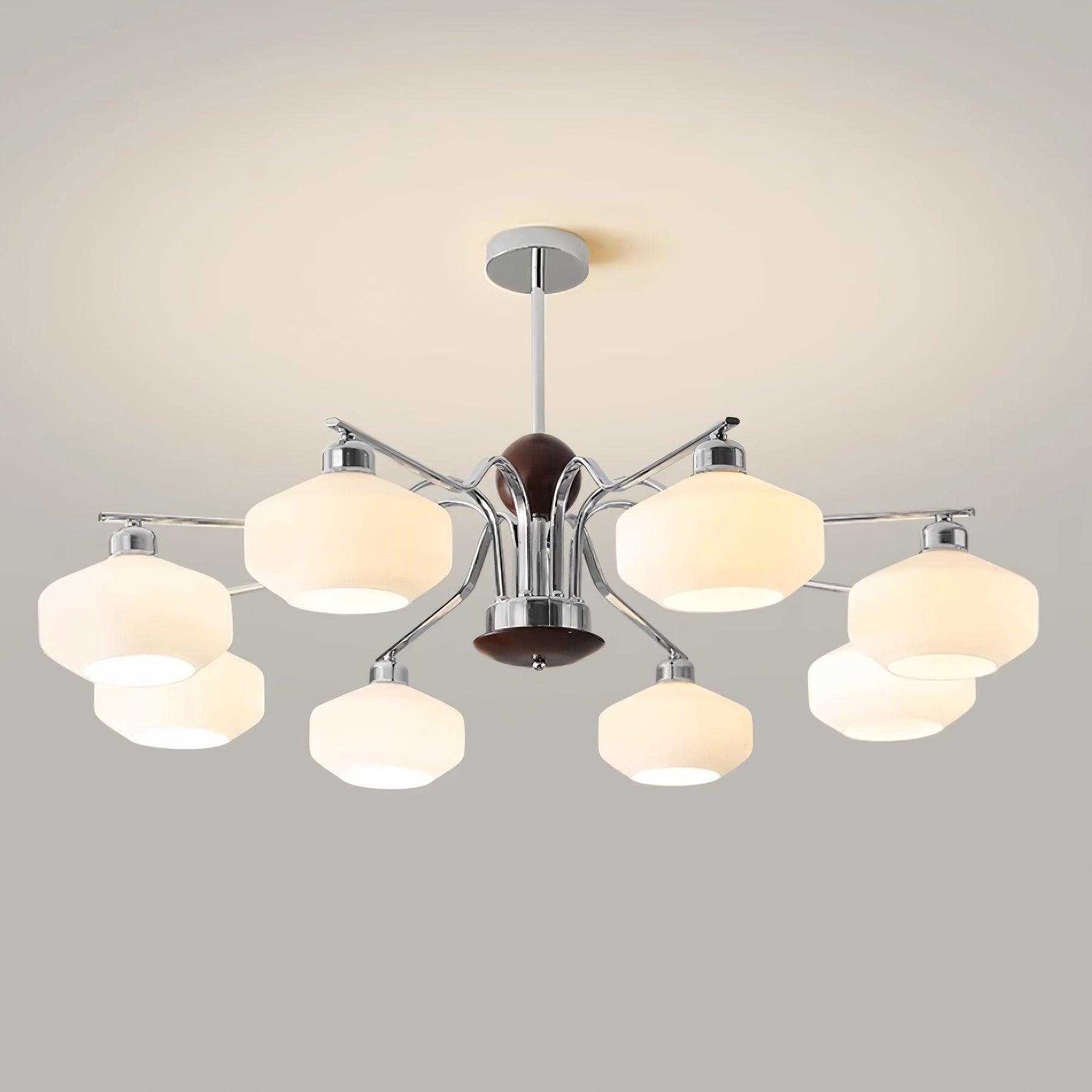 Lustra Lustre Bras en Chrome et Noyer Abat-jours en Verre Blanc Style Rétro