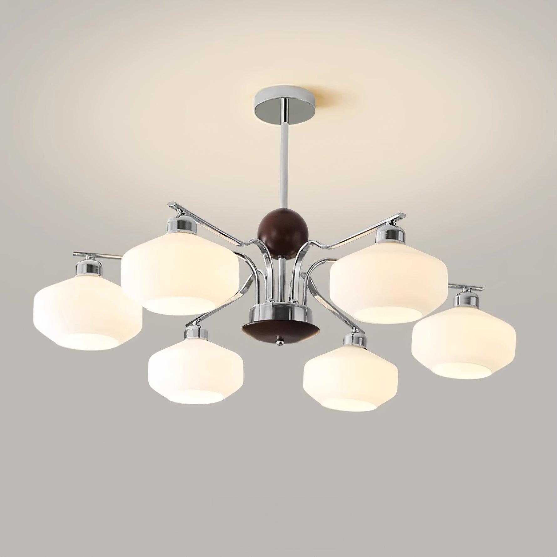 Lustra Lustre Bras en Chrome et Noyer Abat-jours en Verre Blanc Style Rétro