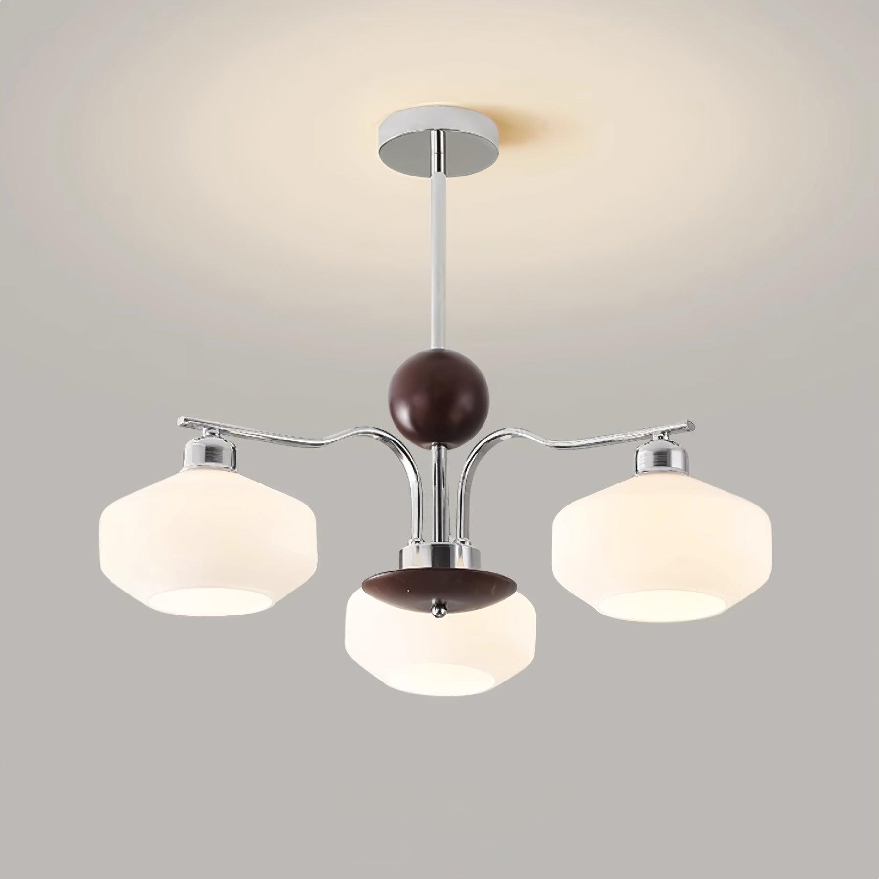 Lustra Lustre Bras en Chrome et Noyer Abat-jours en Verre Blanc Style Rétro