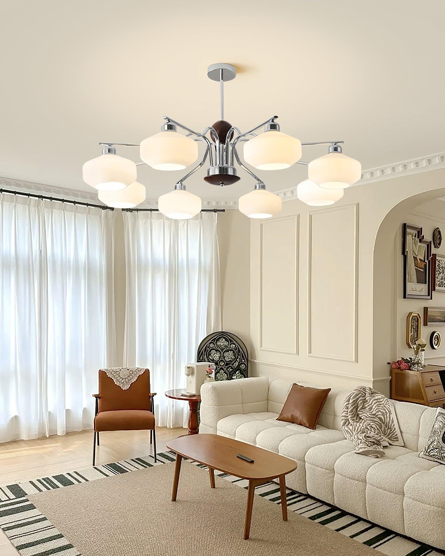 Lustra Lustre Bras en Chrome et Noyer Abat-jours en Verre Blanc Style Rétro