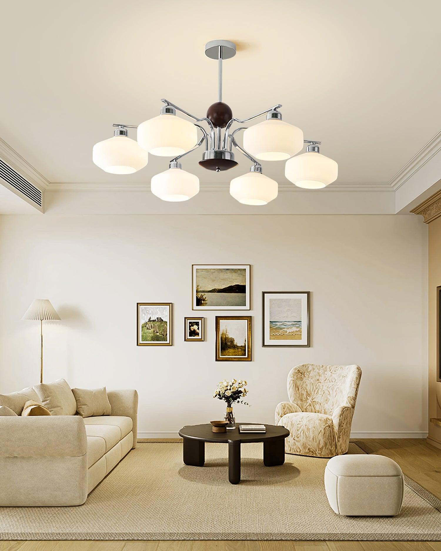 Lustra Lustre Bras en Chrome et Noyer Abat-jours en Verre Blanc Style Rétro