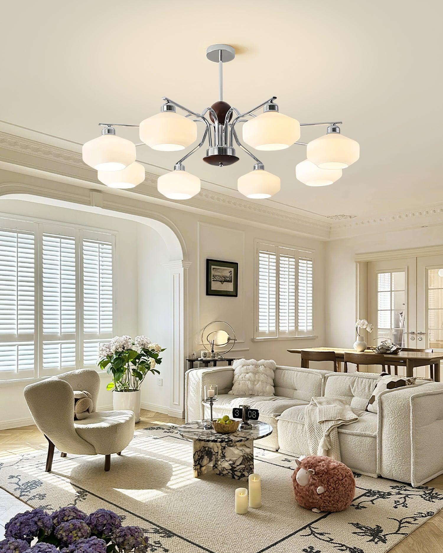 Lustra Lustre Bras en Chrome et Noyer Abat-jours en Verre Blanc Style Rétro