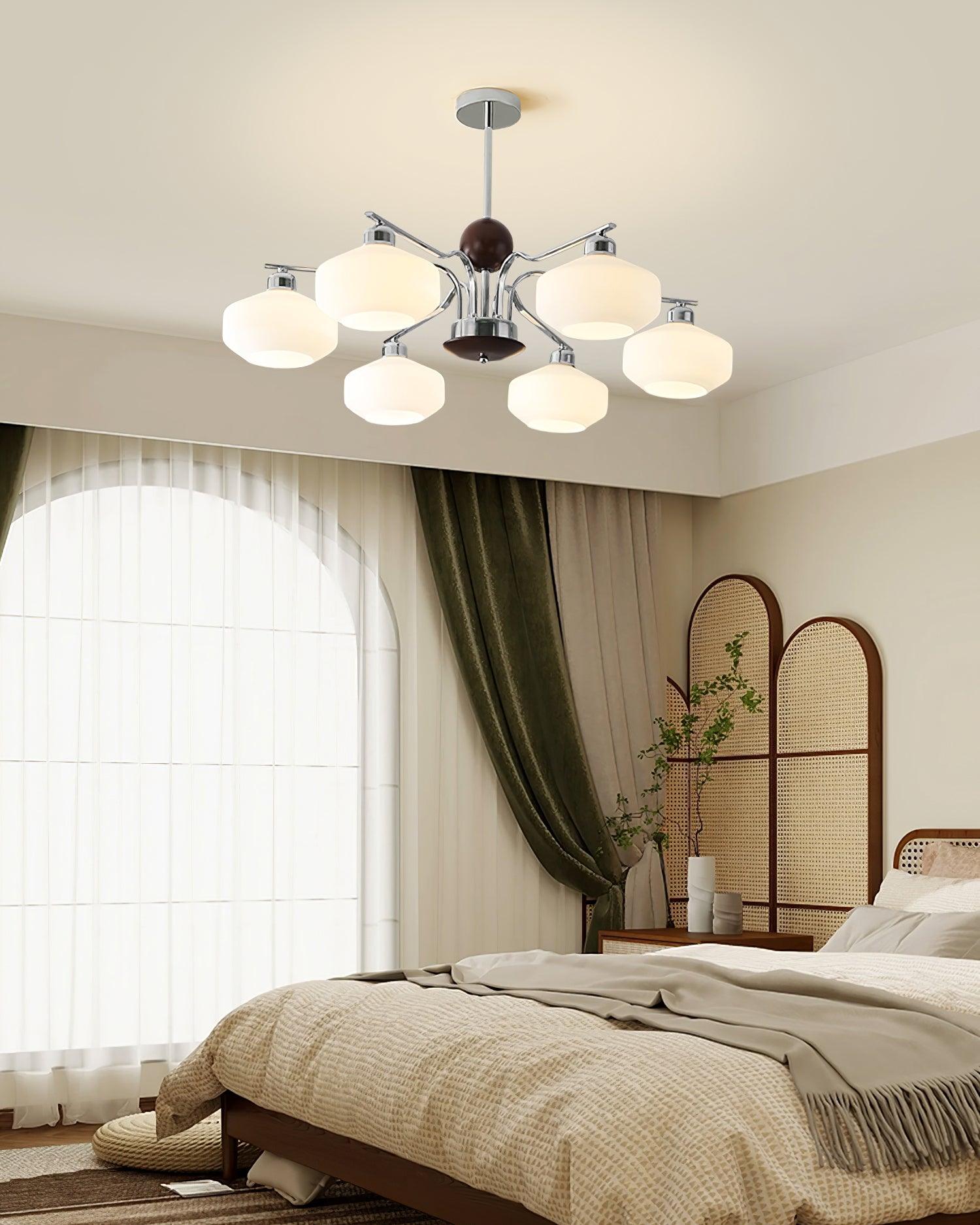 Lustra Lustre Bras en Chrome et Noyer Abat-jours en Verre Blanc Style Rétro