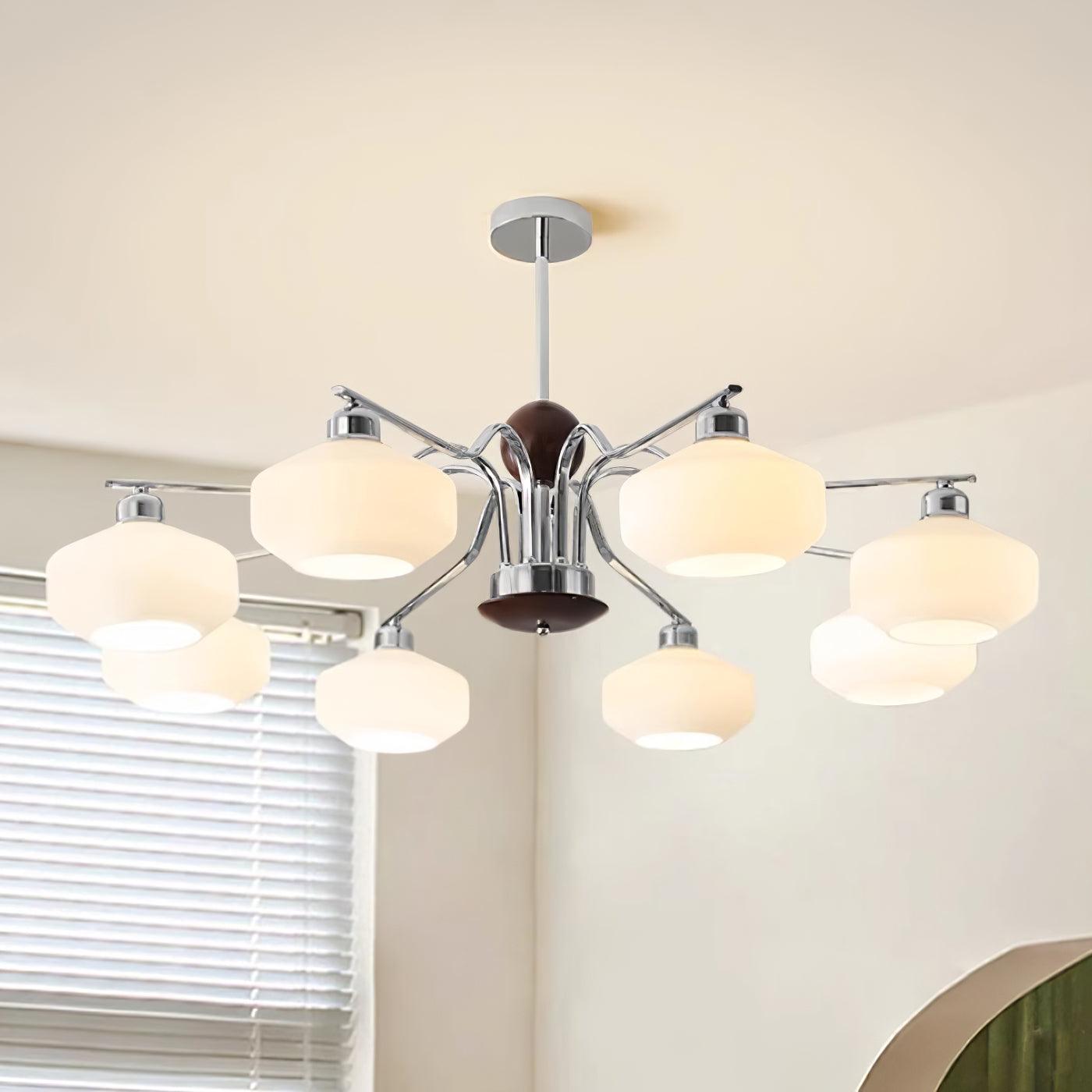 Lustra Lustre Bras en Chrome et Noyer Abat-jours en Verre Blanc Style Rétro