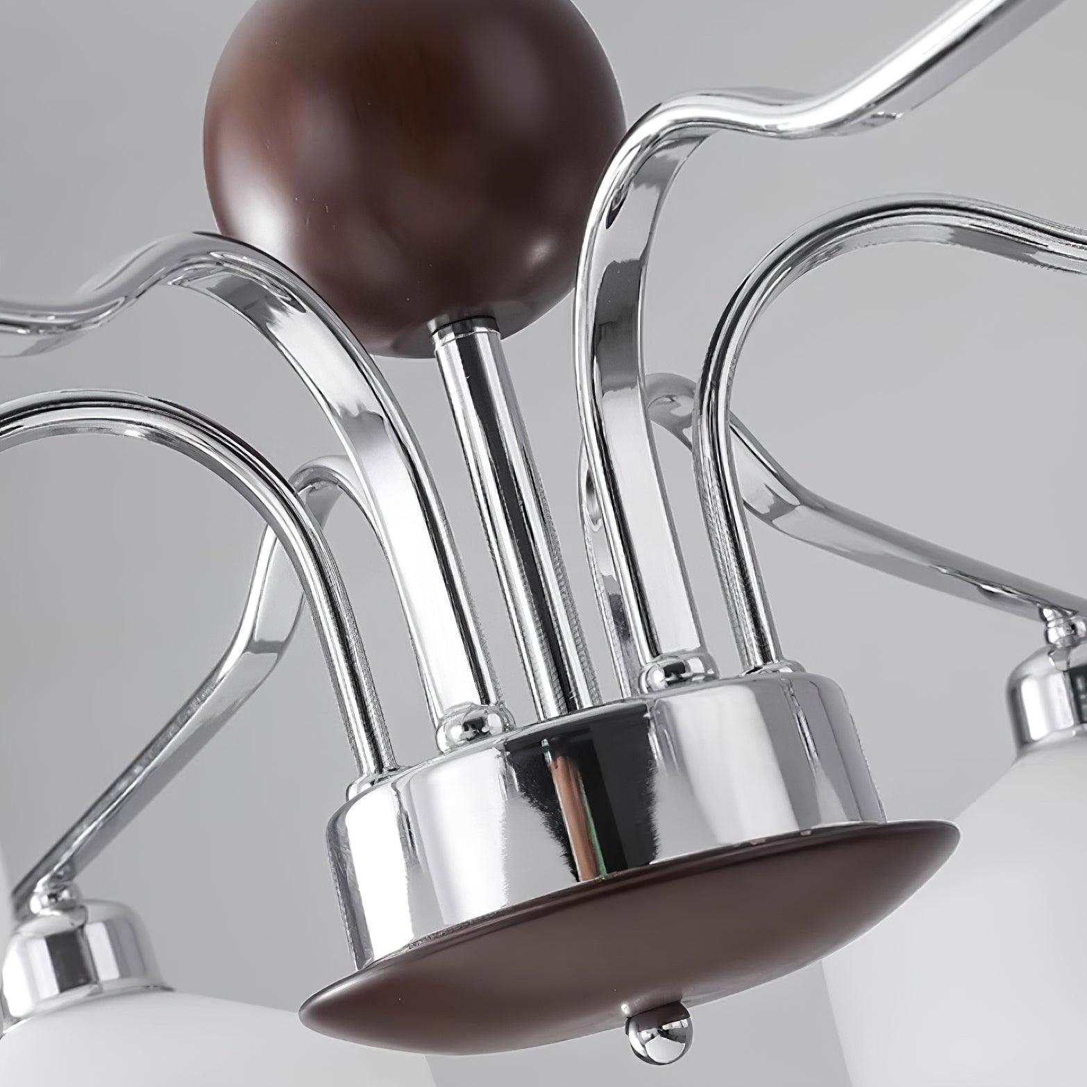 Lustra Lustre Bras en Chrome et Noyer Abat-jours en Verre Blanc Style Rétro