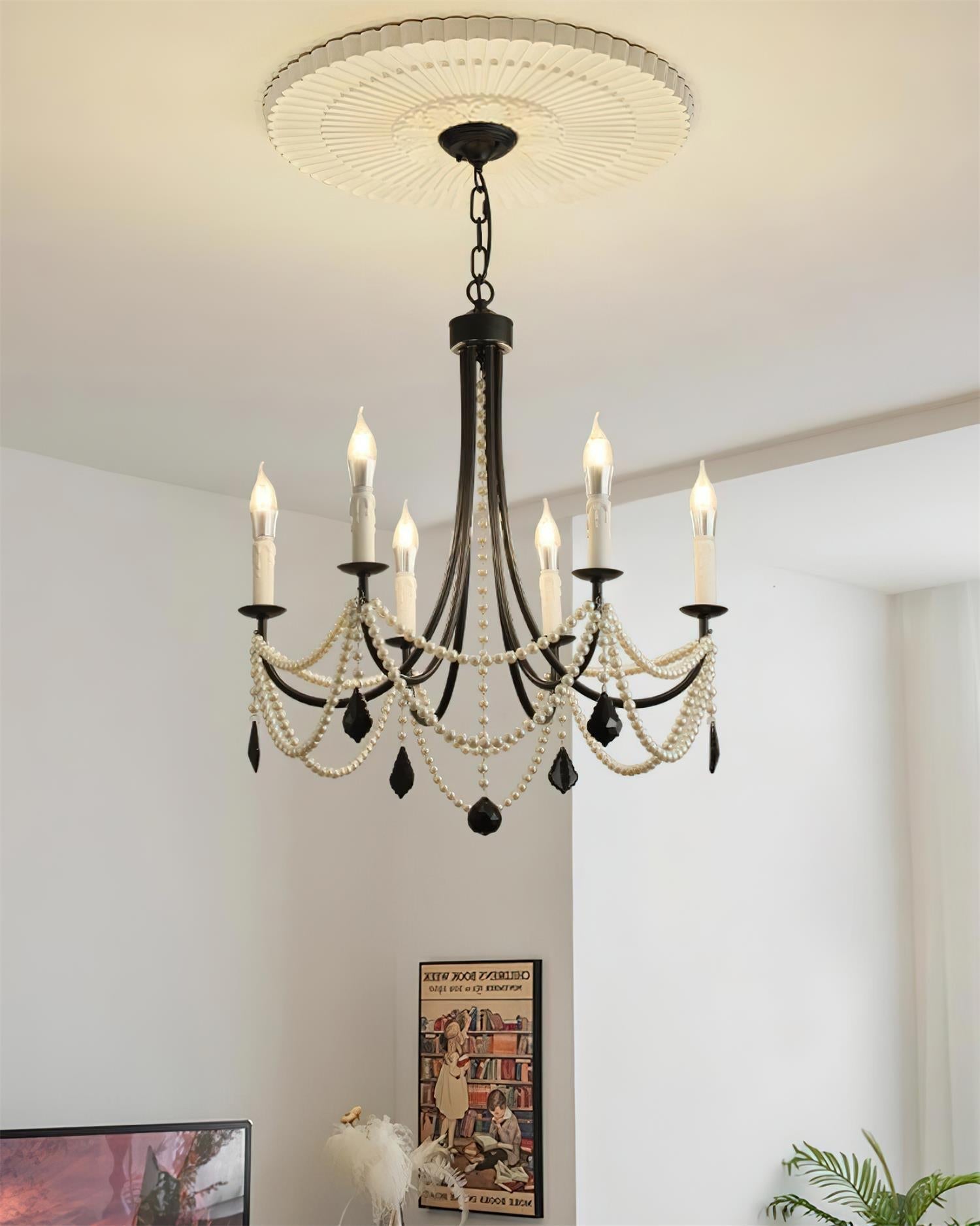 Rococo Lustre Style Bougie Cristal Noir Pendentif