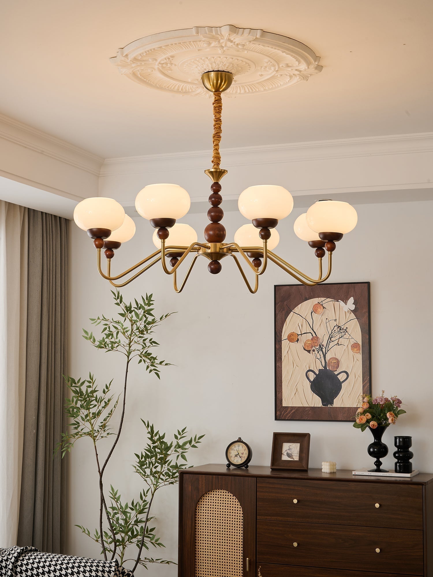 Lustra Lustre Verre Bois Laiton Moderne 6-Lumières