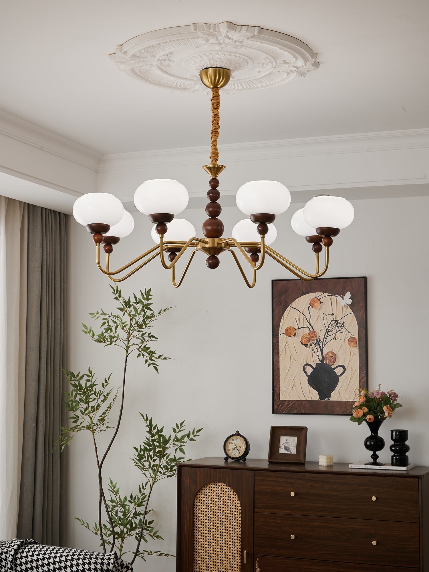 Lustra Lustre Verre Bois Laiton Moderne 6-Lumières