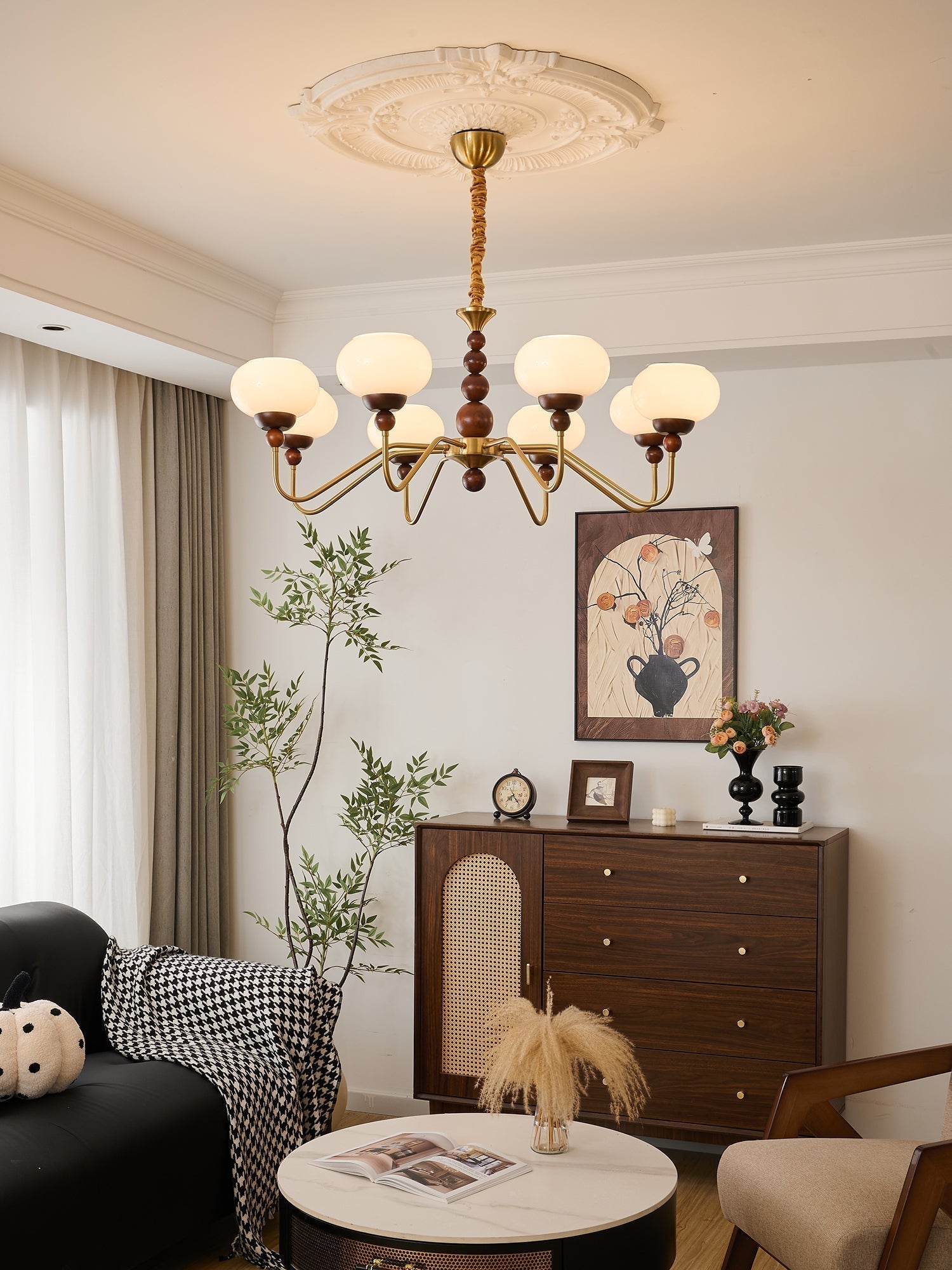 Lustra Lustre Verre Bois Laiton Moderne 6-Lumières