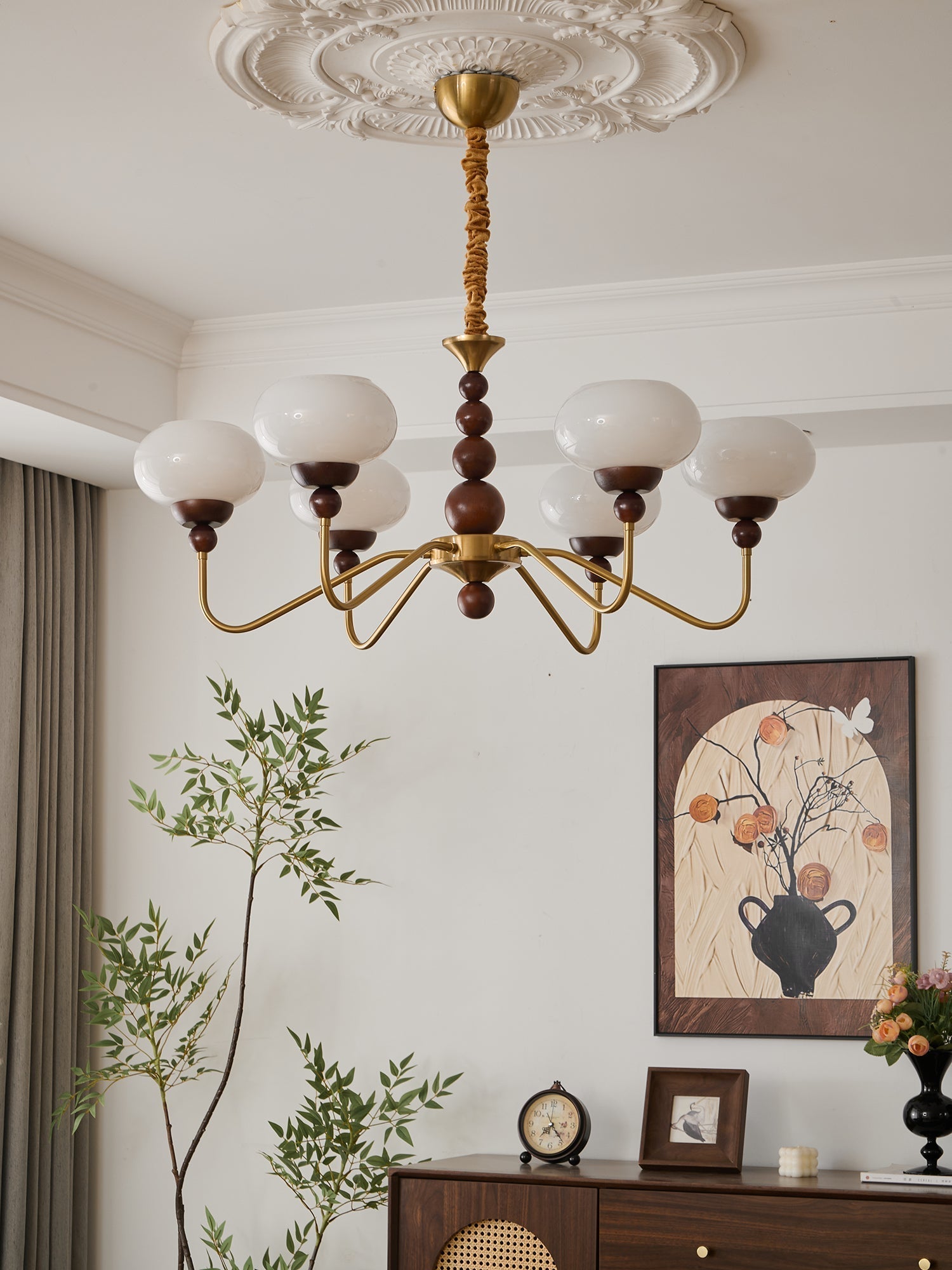 Lustra Lustre Verre Bois Laiton Moderne 6-Lumières