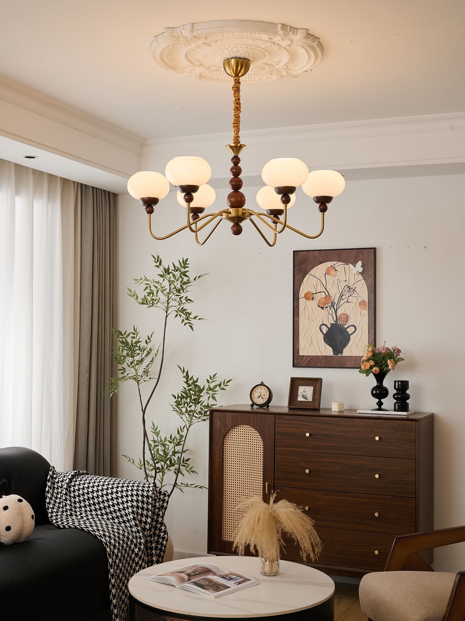 Lustra Lustre Verre Bois Laiton Moderne 6-Lumières
